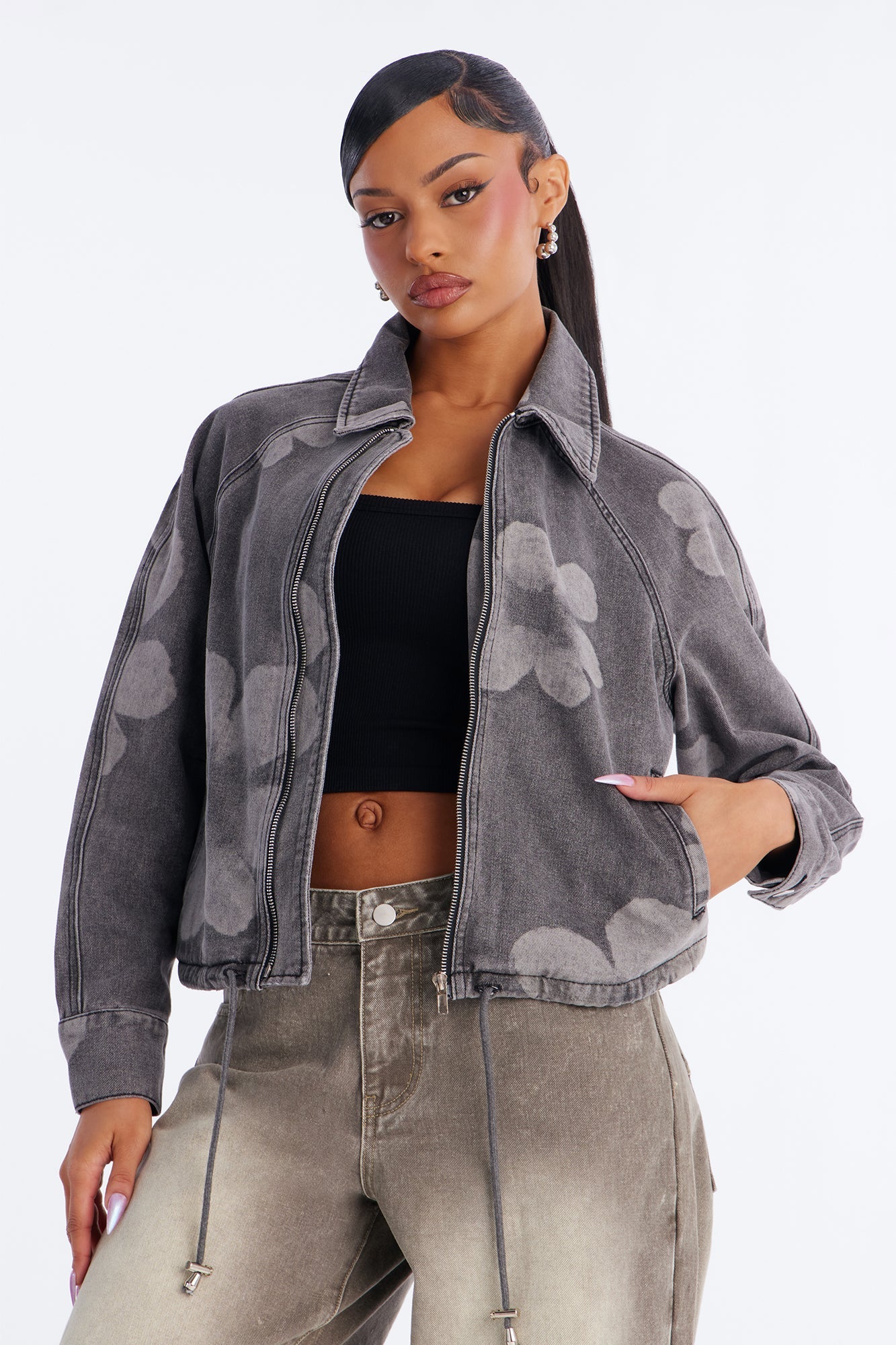 Born To Bloom Denim Jacket - Grey