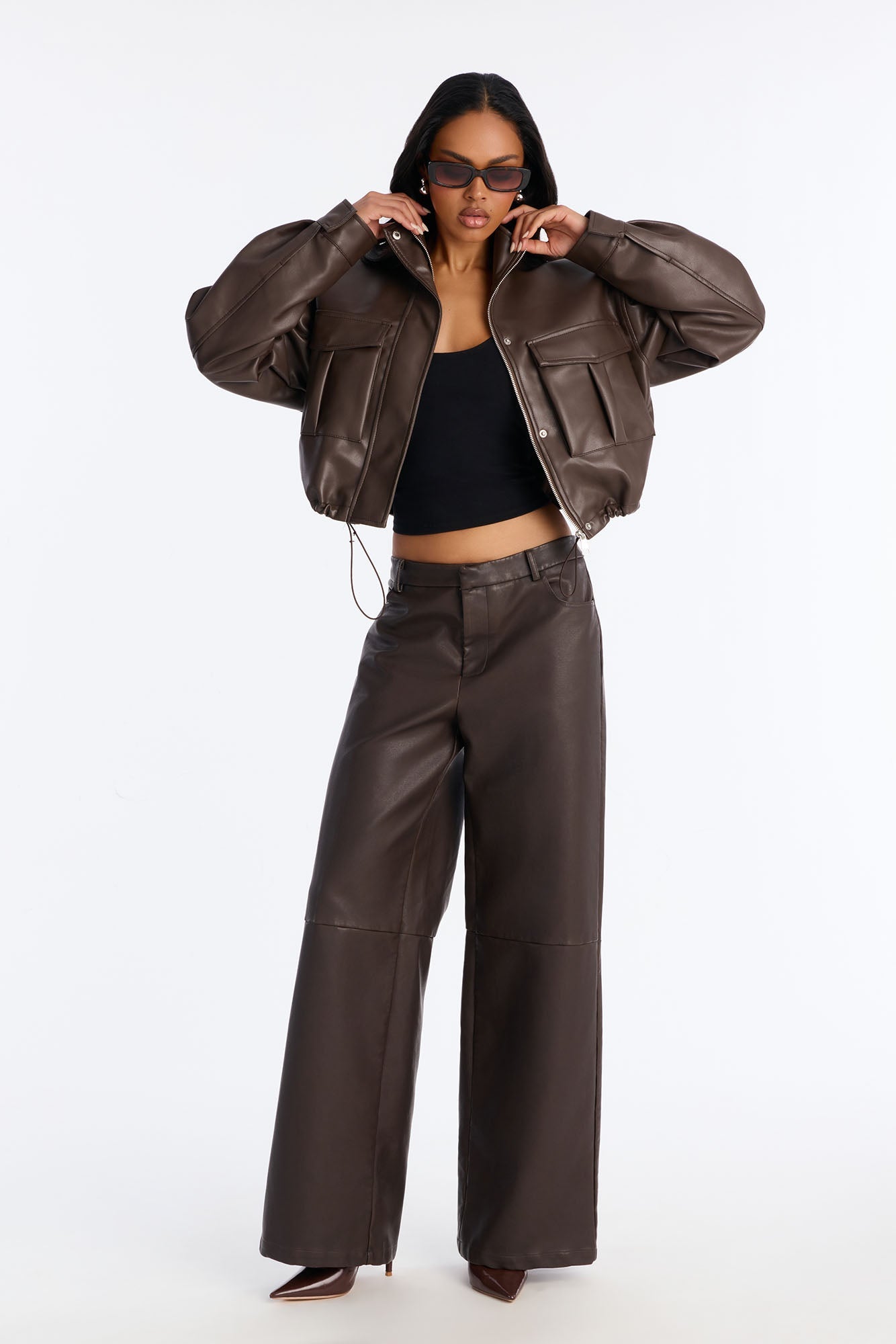 No Hard Feelings Faux Leather Cropped Bomber Jacket - Chocolate