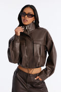 No Hard Feelings Faux Leather Cropped Bomber Jacket - Chocolate