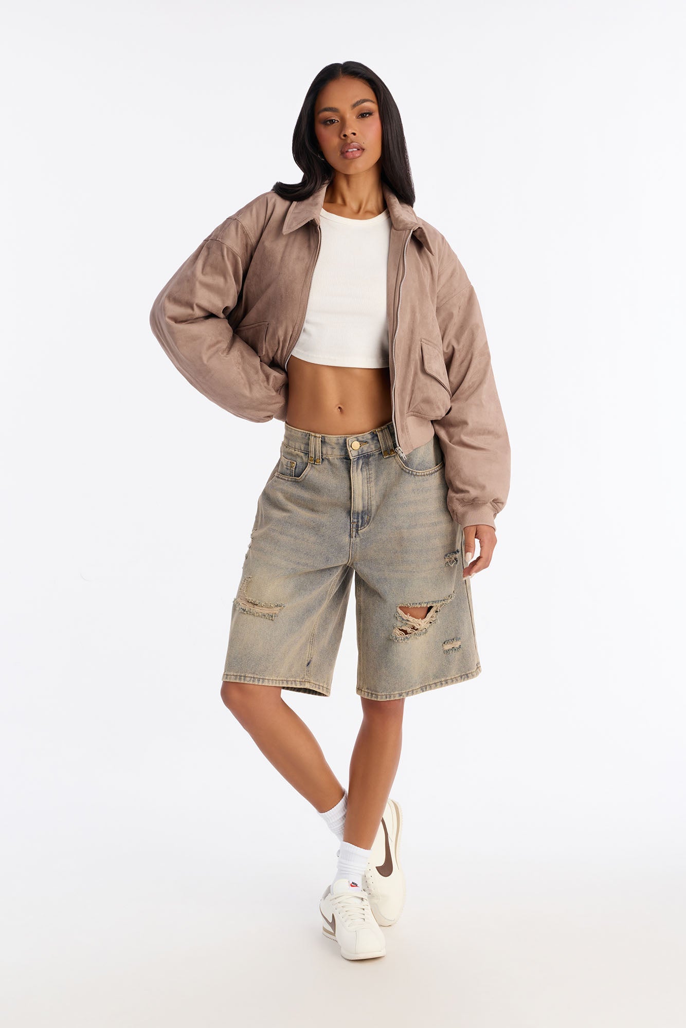 Jessica Cropped Faux Suede Bomber Jacket - Stone