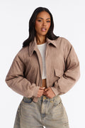Jessica Cropped Faux Suede Bomber Jacket - Stone