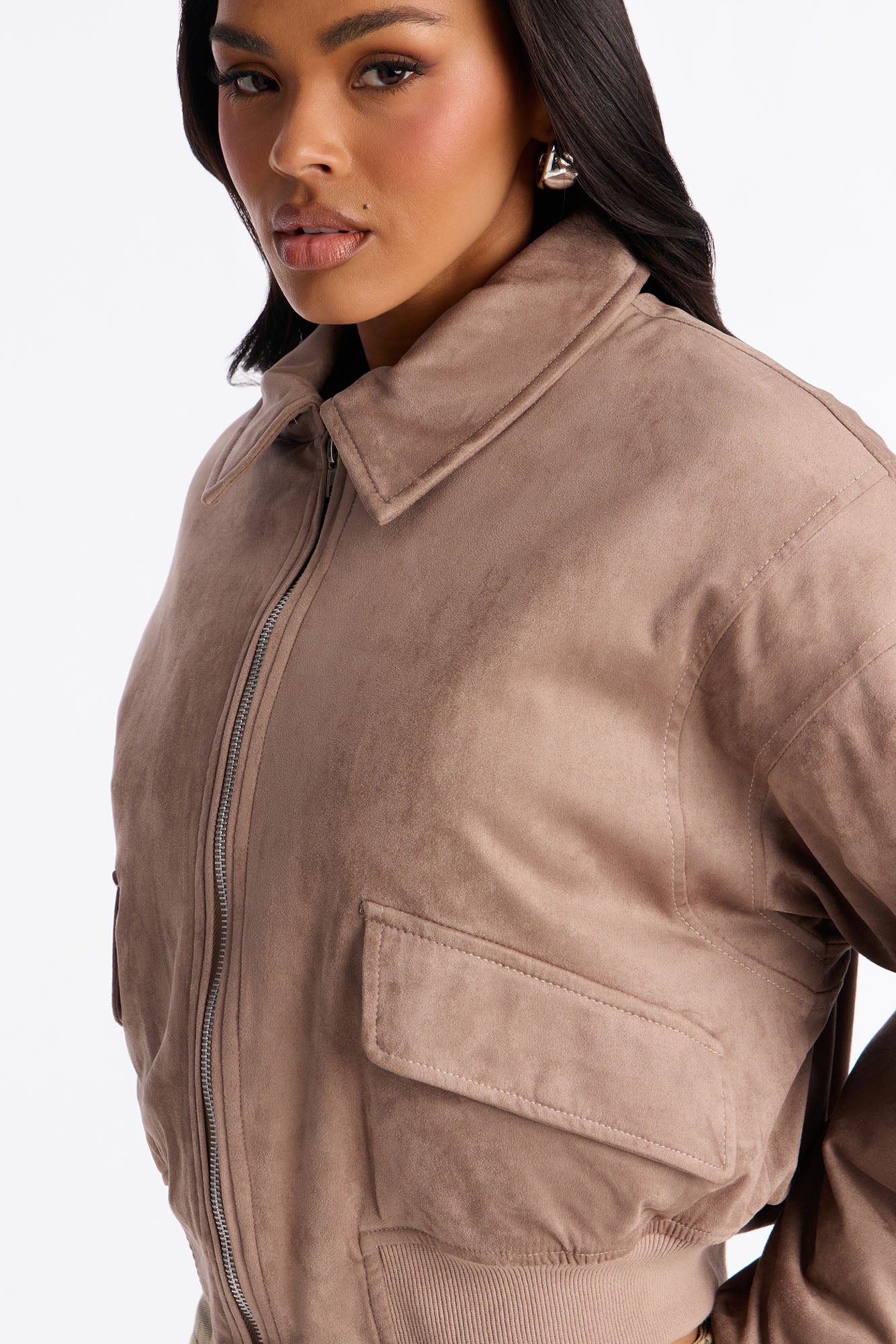 Jessica Cropped Faux Suede Bomber Jacket - Stone