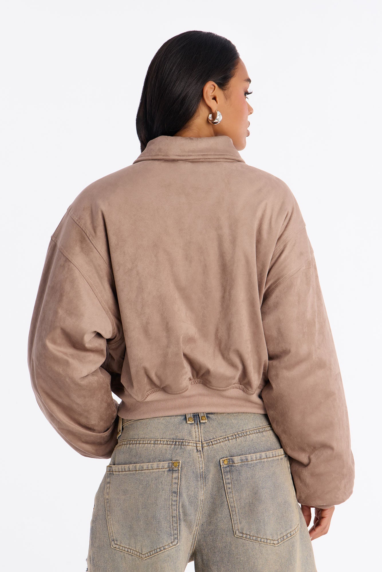 Jessica Cropped Faux Suede Bomber Jacket - Stone
