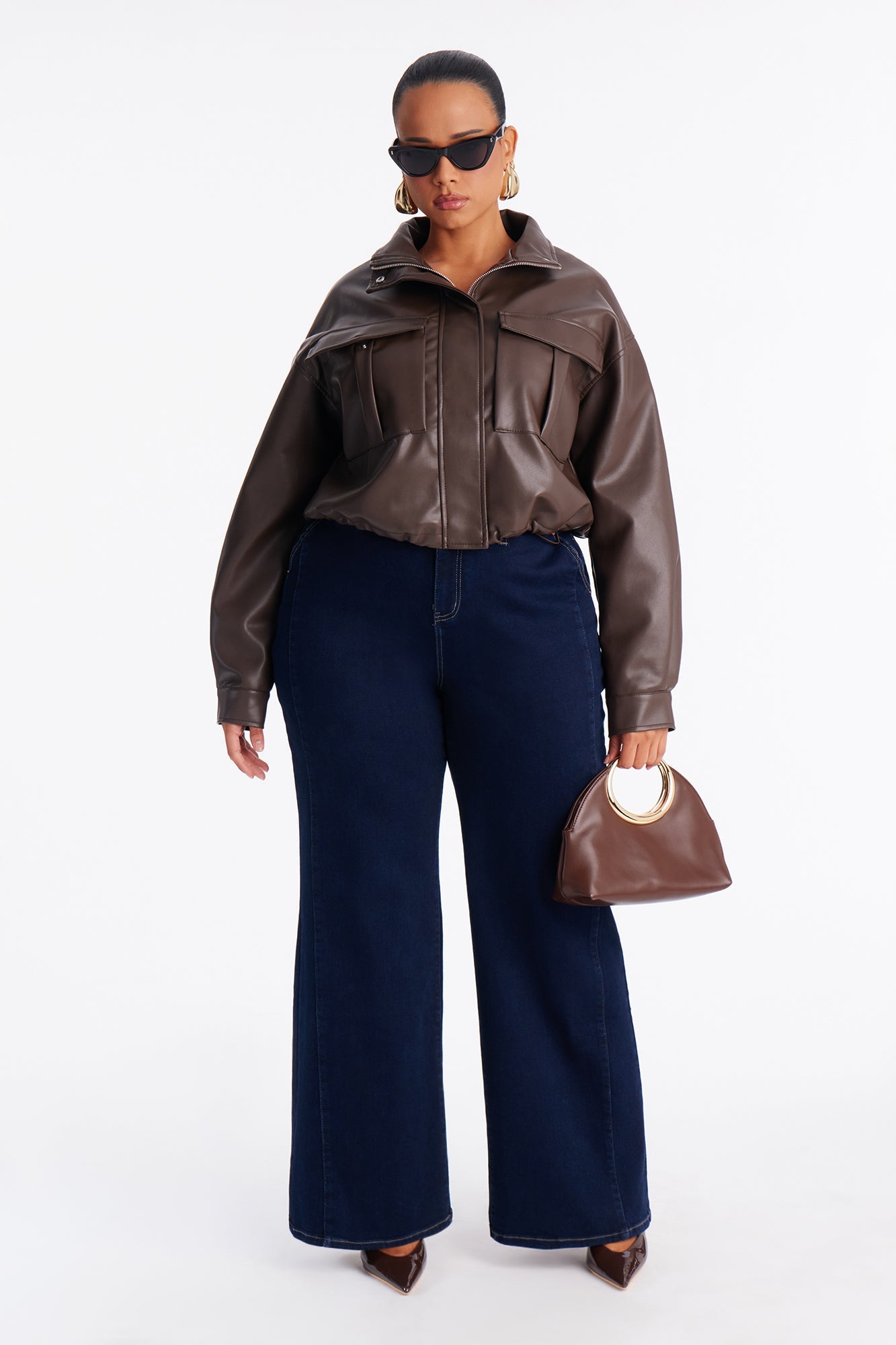 No Hard Feelings Faux Leather Cropped Bomber Jacket - Chocolate