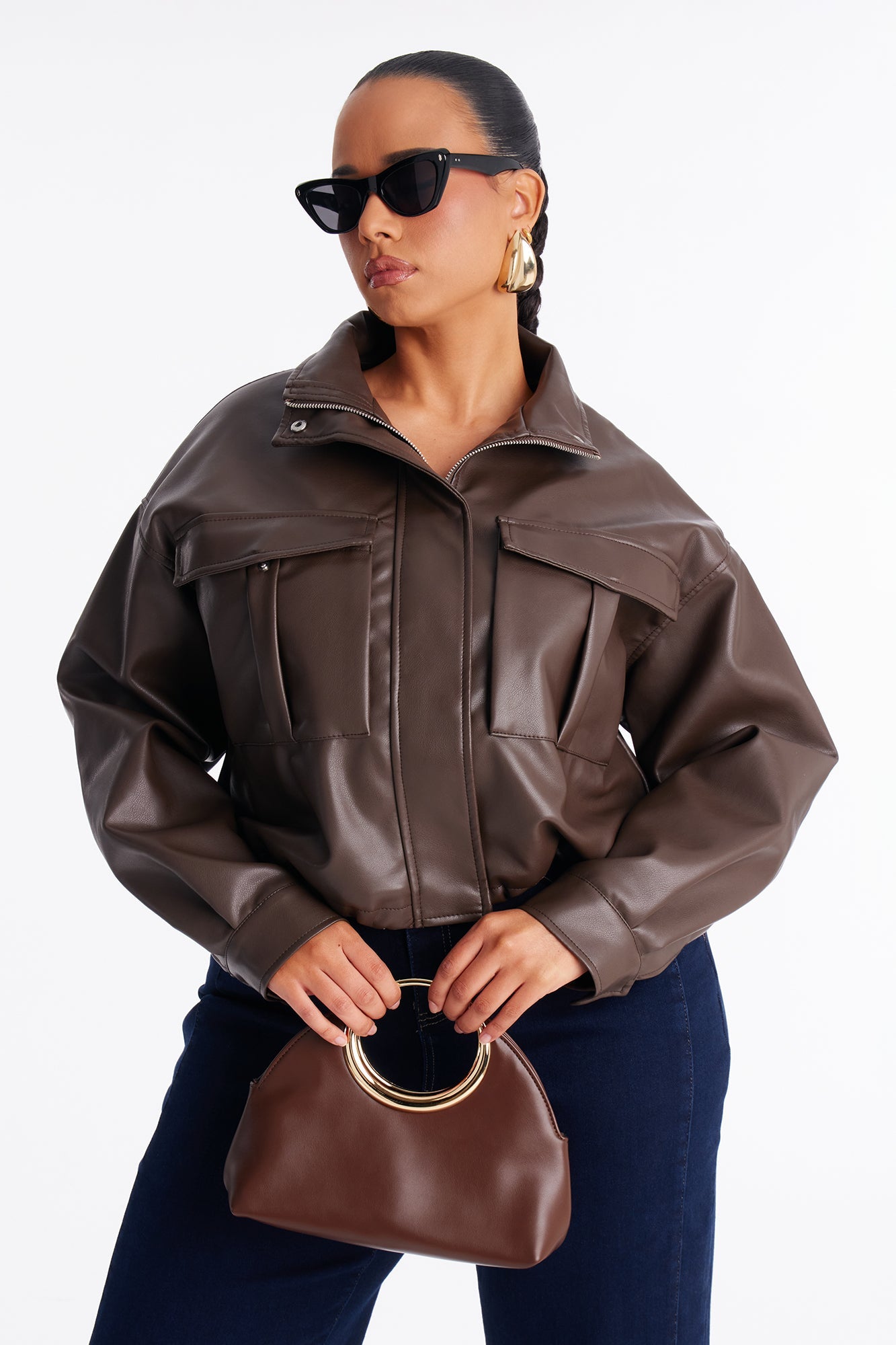 No Hard Feelings Faux Leather Cropped Bomber Jacket - Chocolate