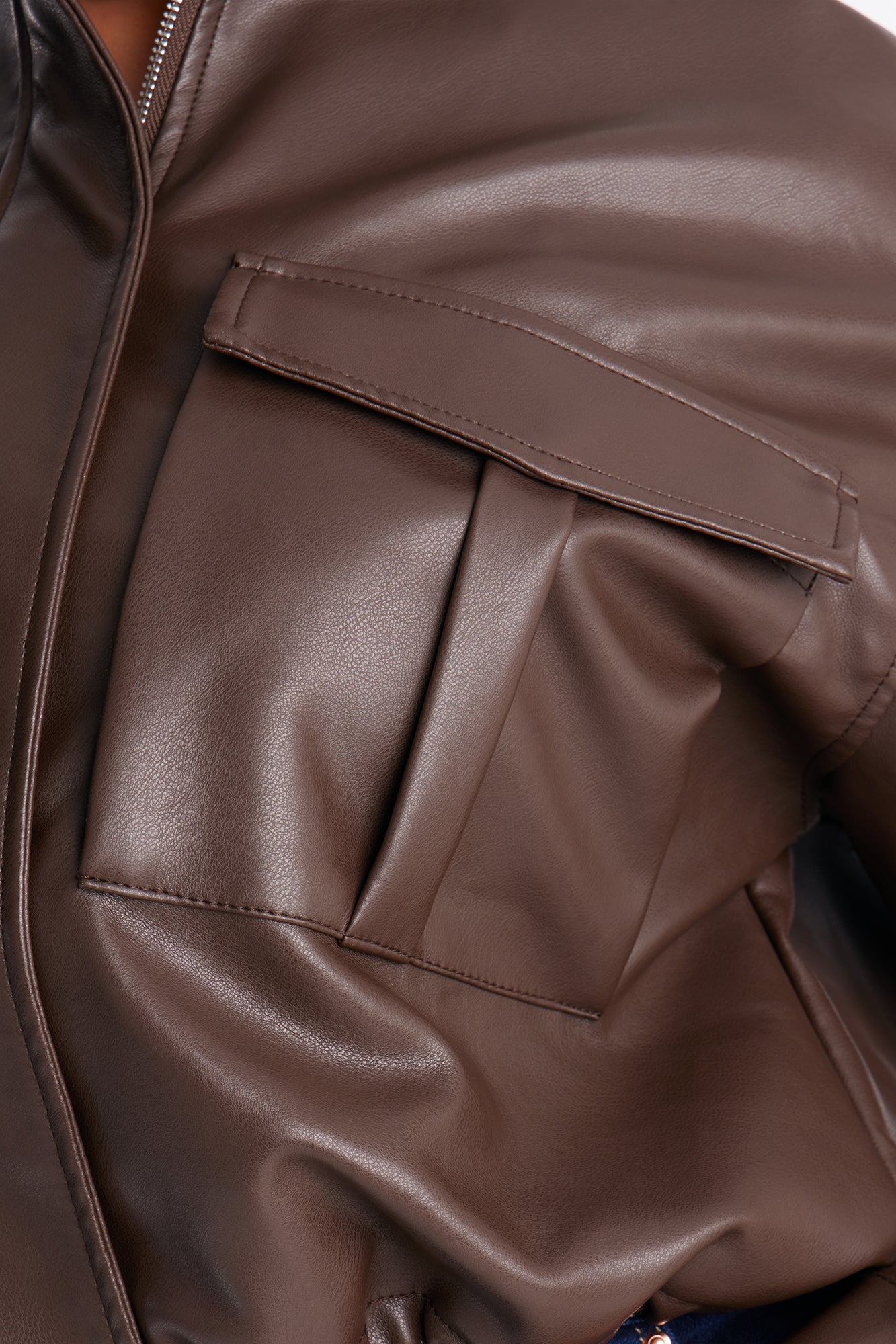 No Hard Feelings Faux Leather Cropped Bomber Jacket - Chocolate