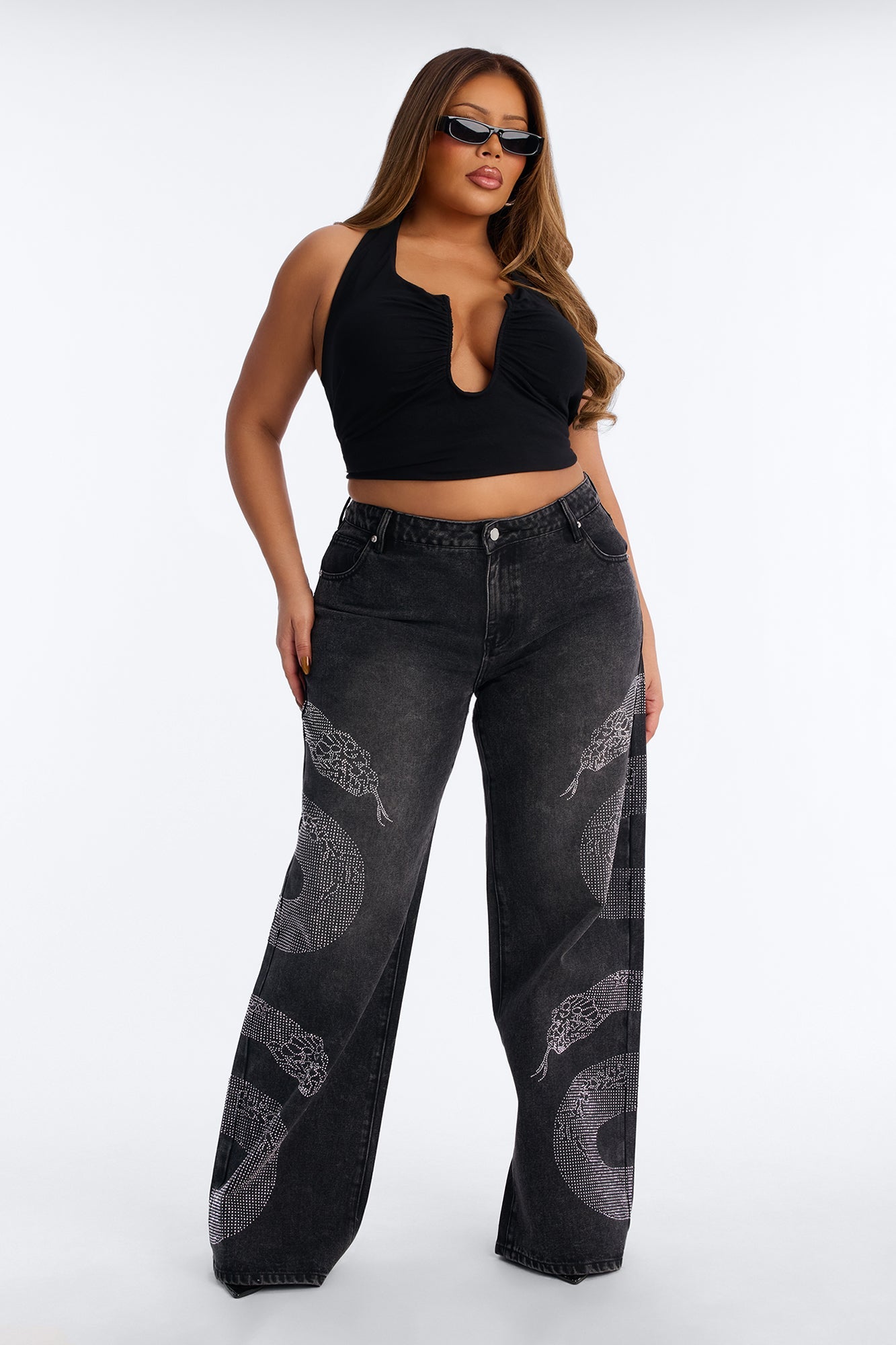 Westside Snake Embellished Low Rise Wide Leg Jean - Black Wash
