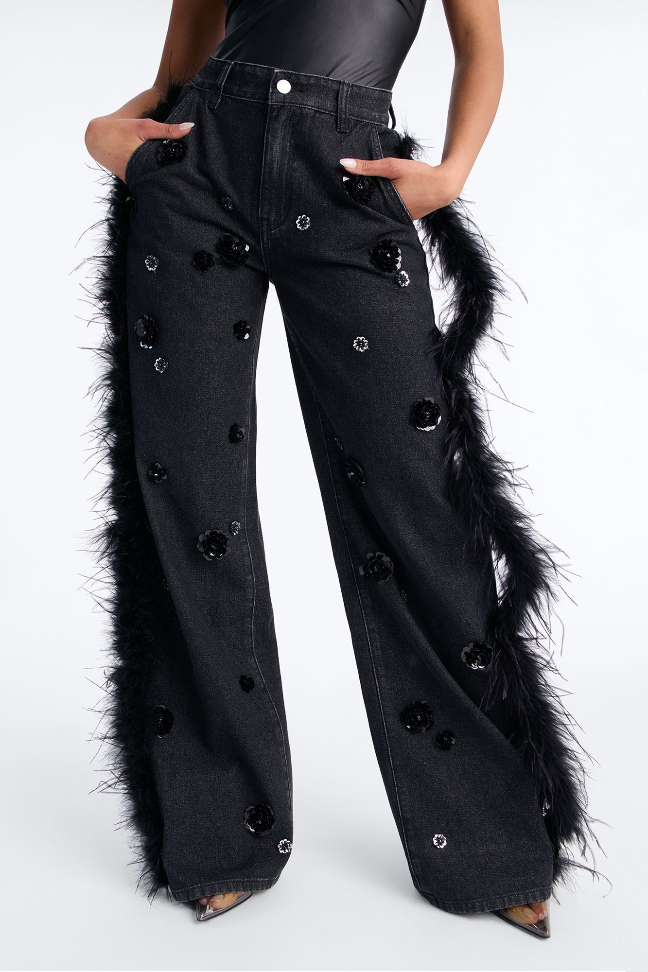 Luxurious Living Embellished Faux Fur Jeans - Black Wash