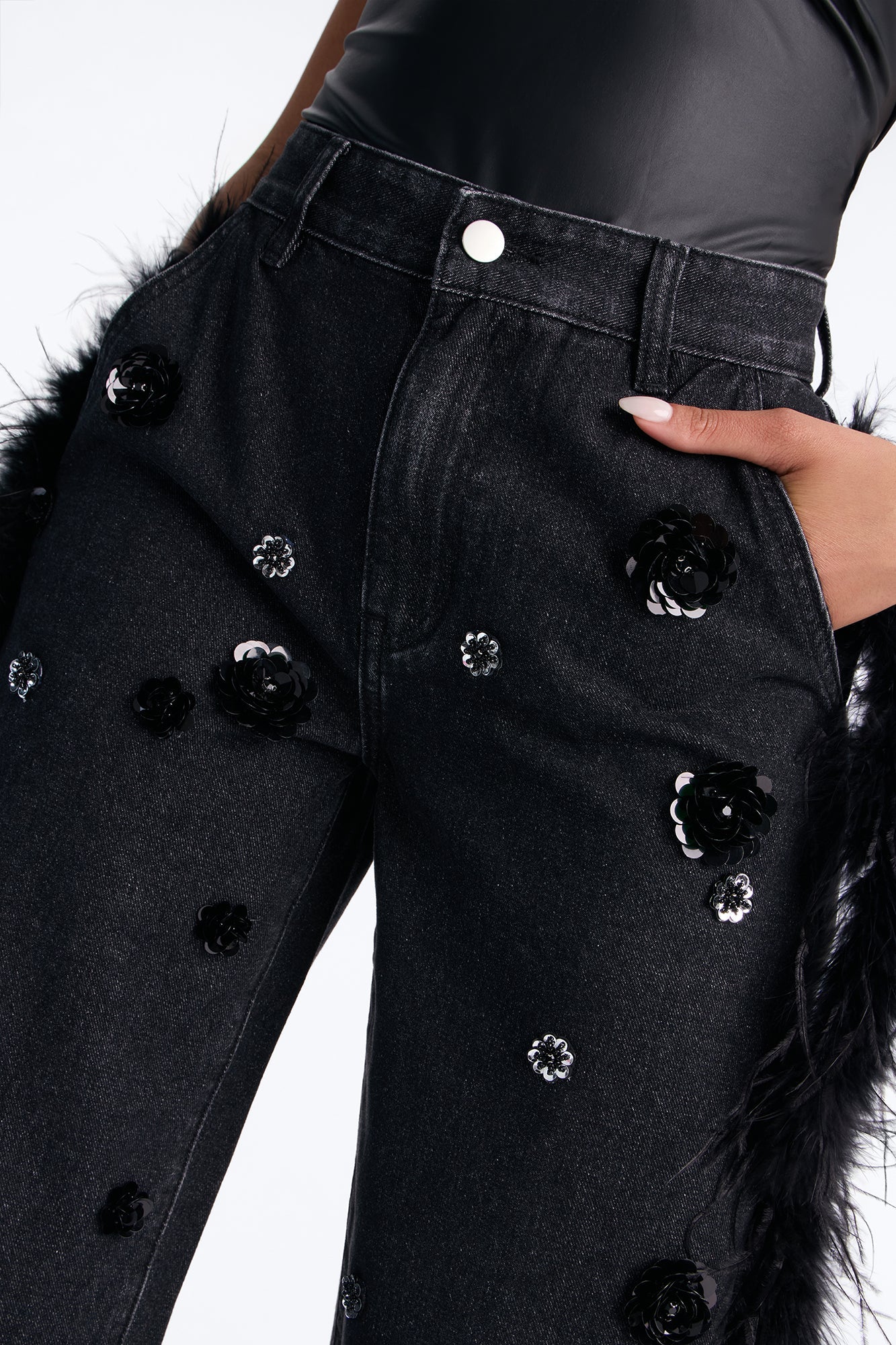 Luxurious Living Embellished Faux Fur Jeans - Black Wash