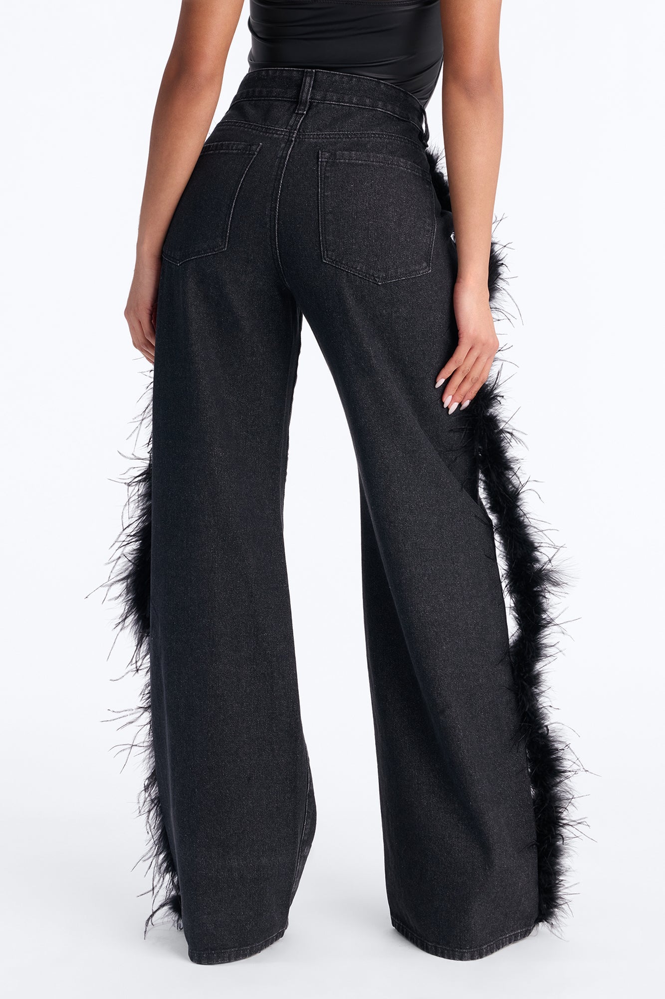 Luxurious Living Embellished Faux Fur Jeans - Black Wash