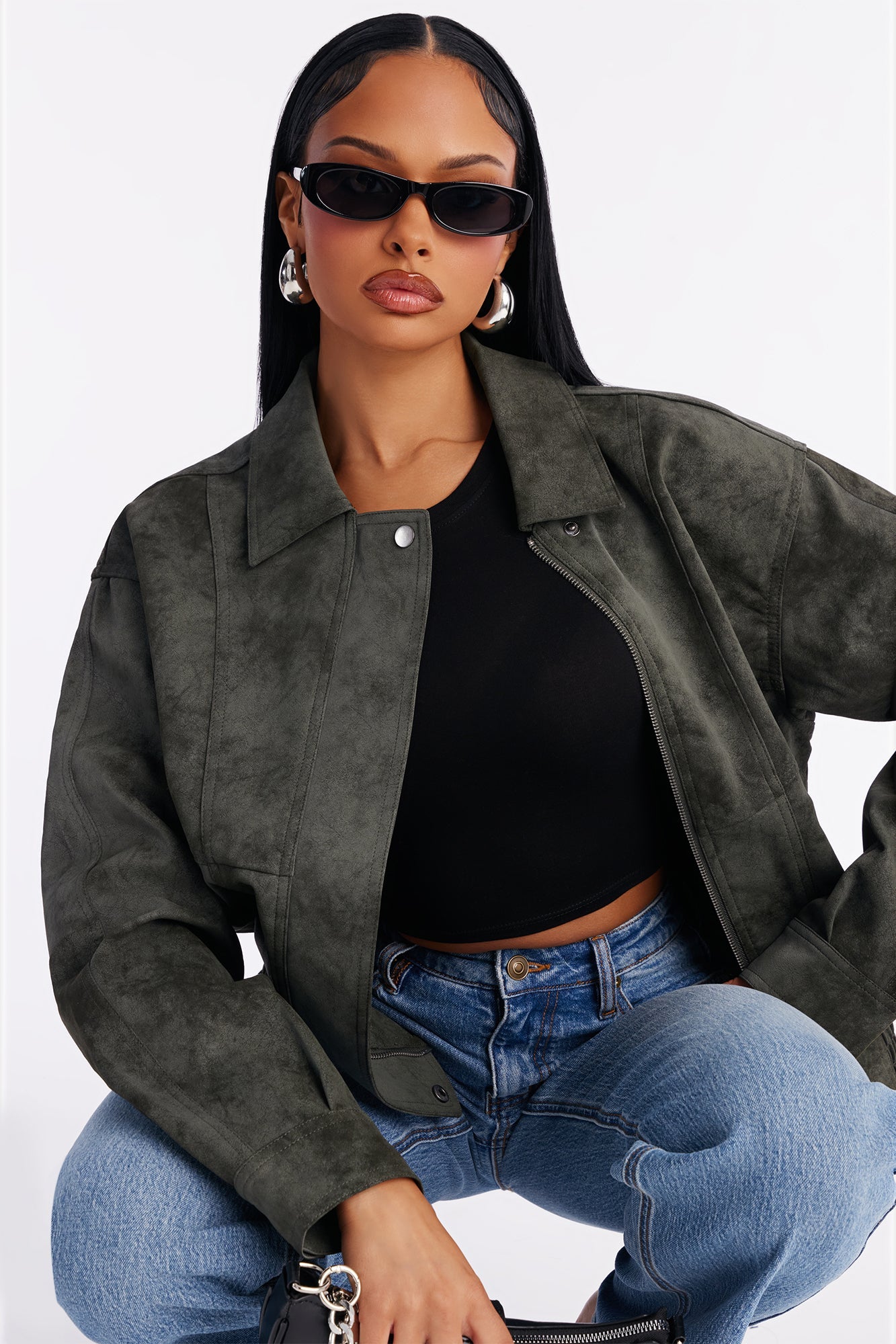 Corey Washed Faux Leather Bomber Jacket - Olive