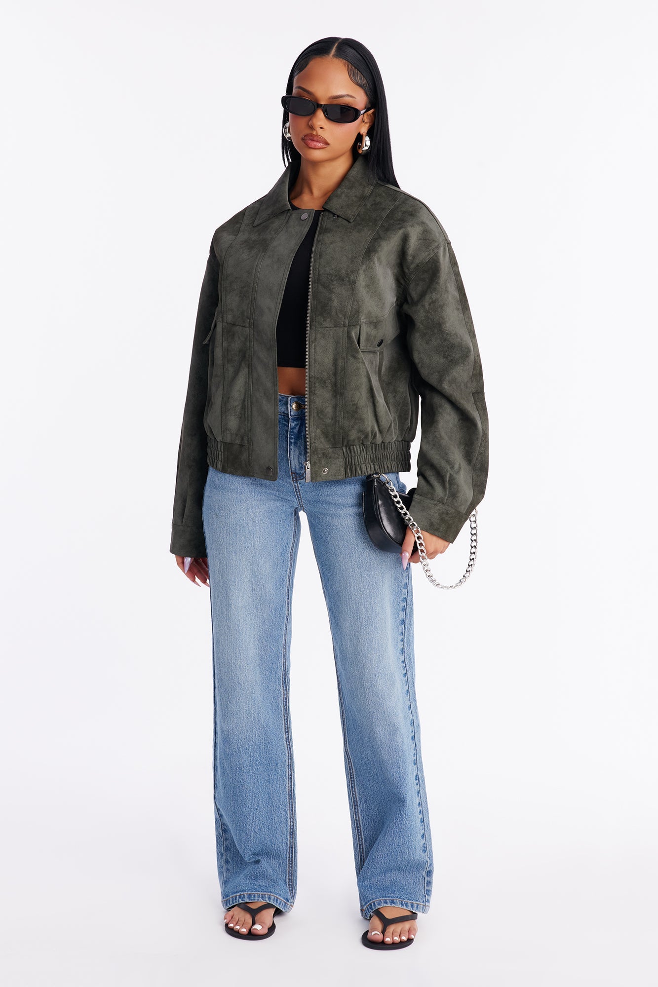 Corey Washed Faux Leather Bomber Jacket - Olive