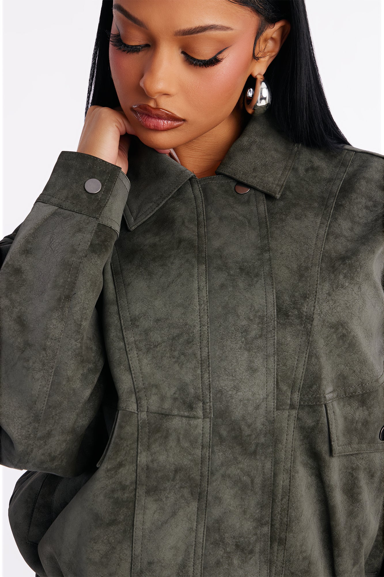 Corey Washed Faux Leather Bomber Jacket - Olive