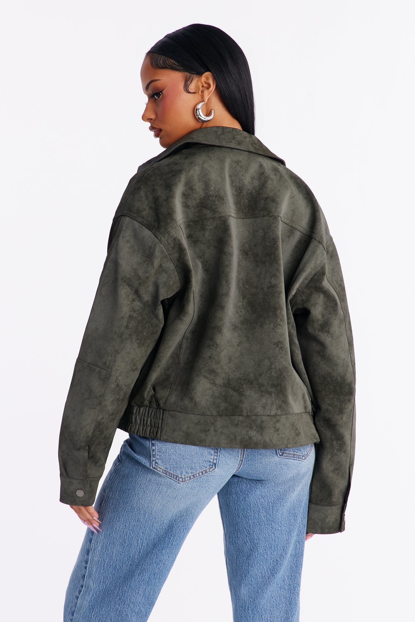 Corey Washed Faux Leather Bomber Jacket - Olive