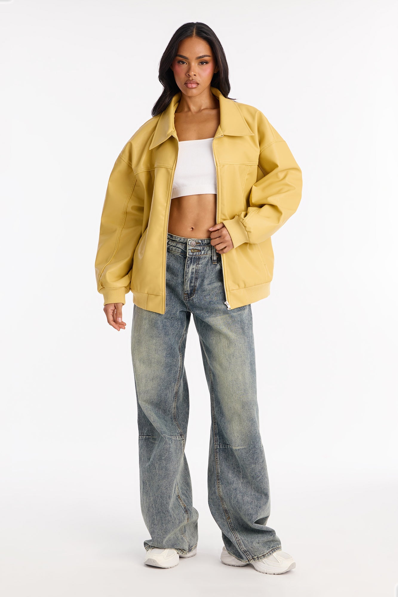 Ellie Oversized Faux Leather Bomber Jacket - Yellow