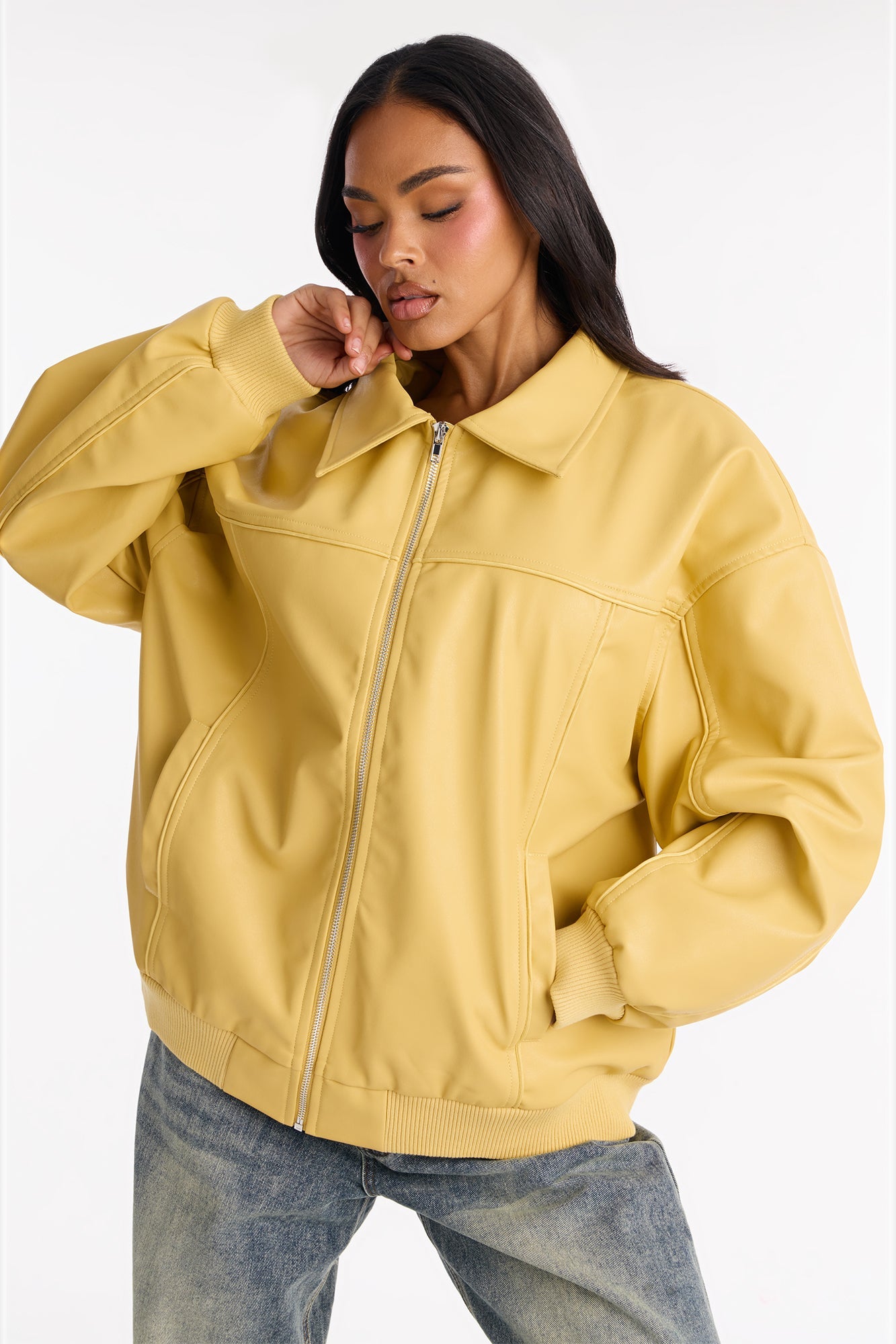 Ellie Oversized Faux Leather Bomber Jacket - Yellow