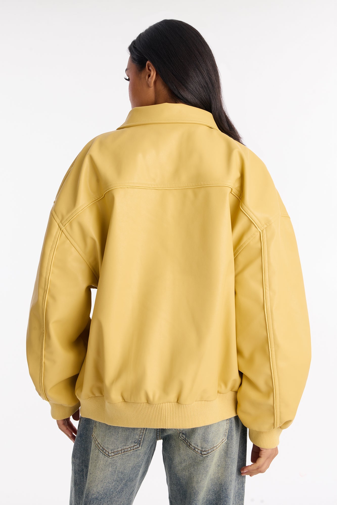 Ellie Oversized Faux Leather Bomber Jacket - Yellow
