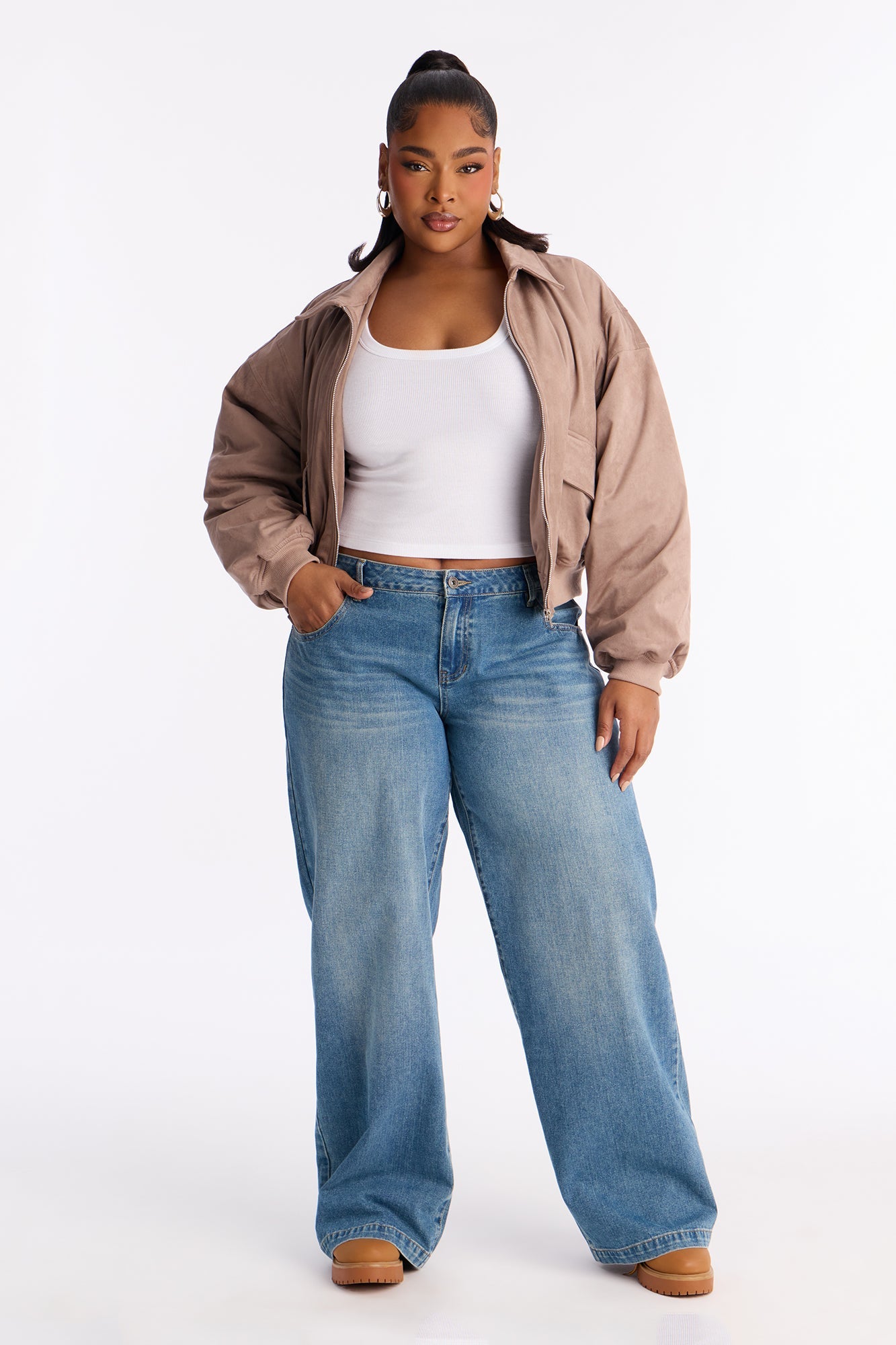 Jessica Cropped Faux Suede Bomber Jacket - Stone