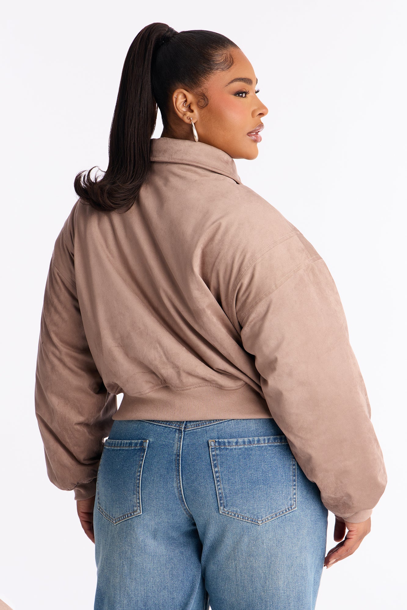 Jessica Cropped Faux Suede Bomber Jacket - Stone