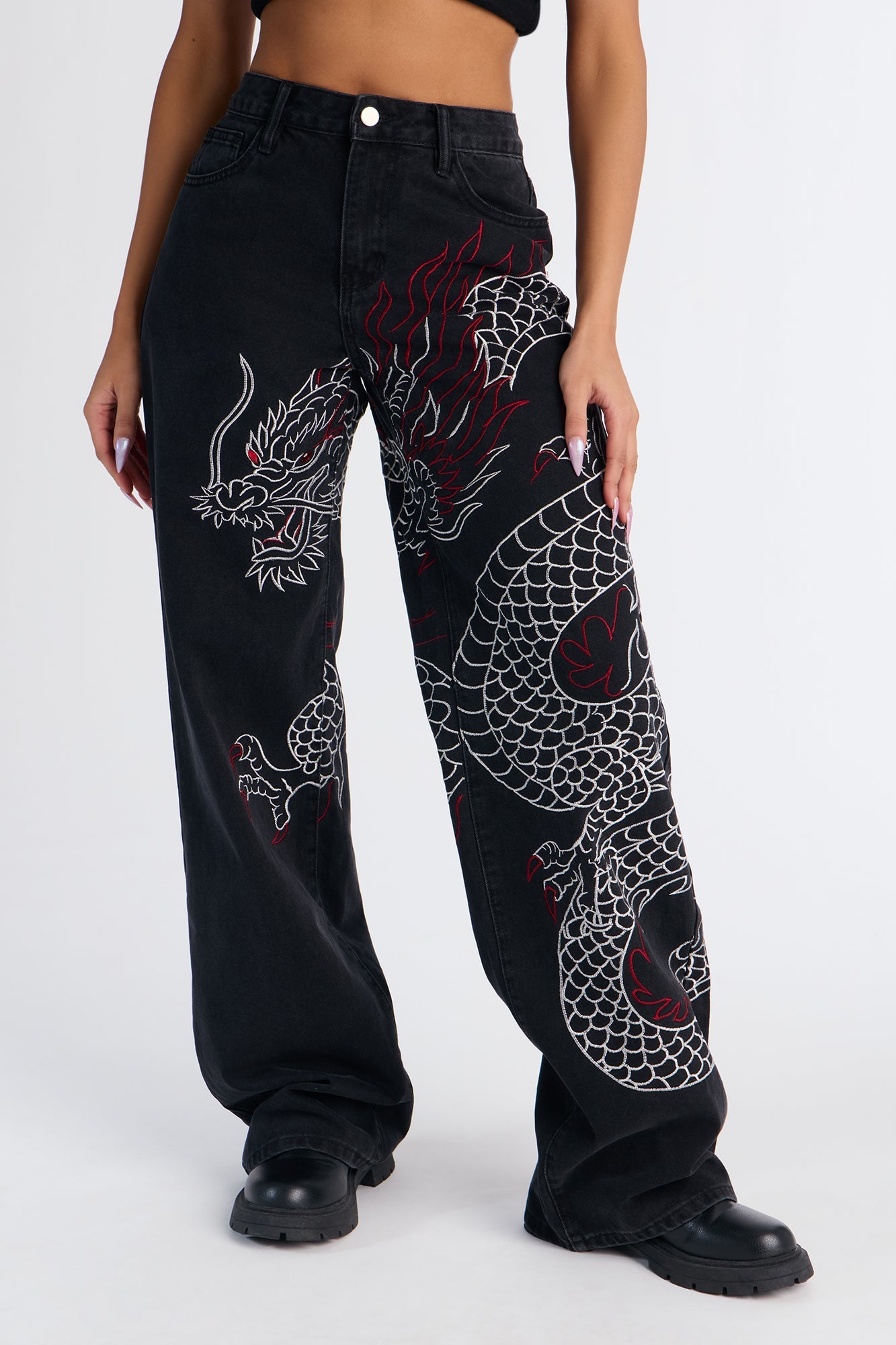 Dragon Fire Embroidered Wide Leg Jeans - Black Wash