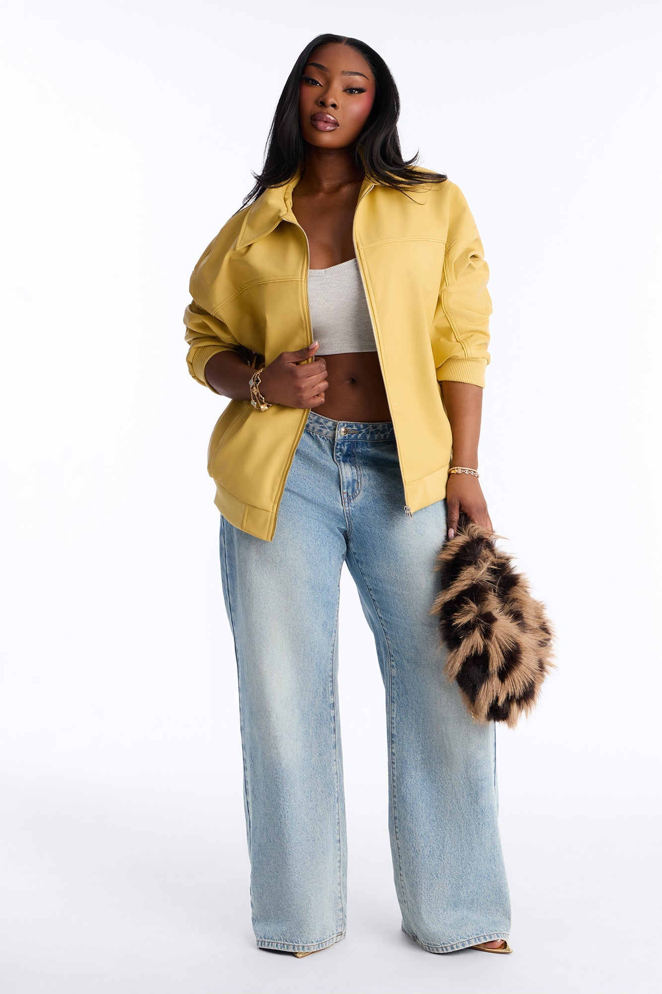 Ellie Oversized Faux Leather Bomber Jacket - Yellow