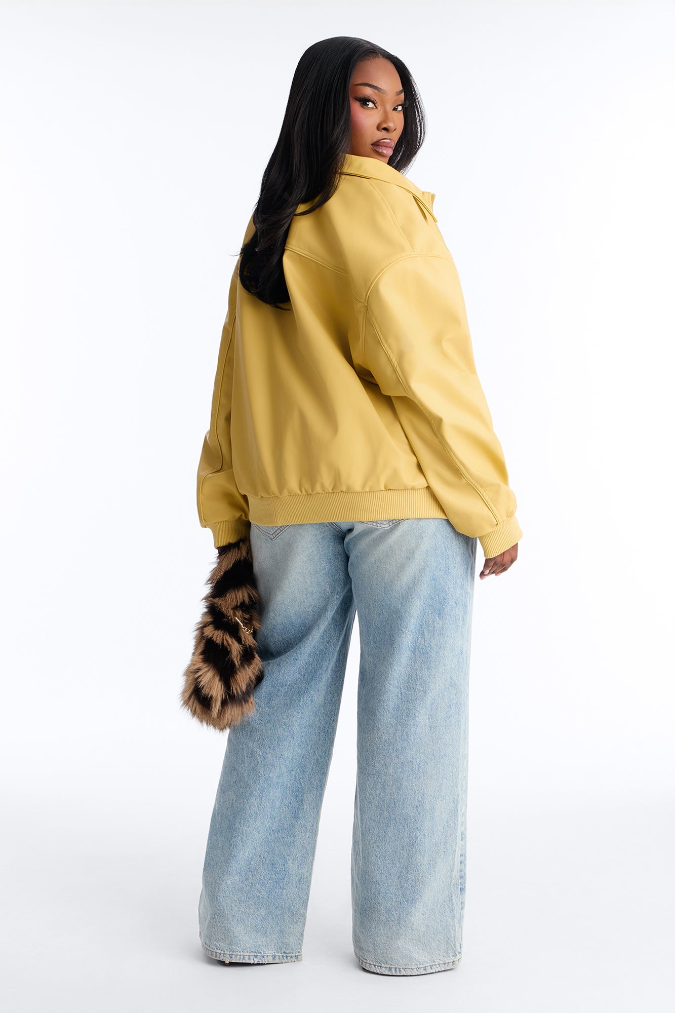Ellie Oversized Faux Leather Bomber Jacket - Yellow