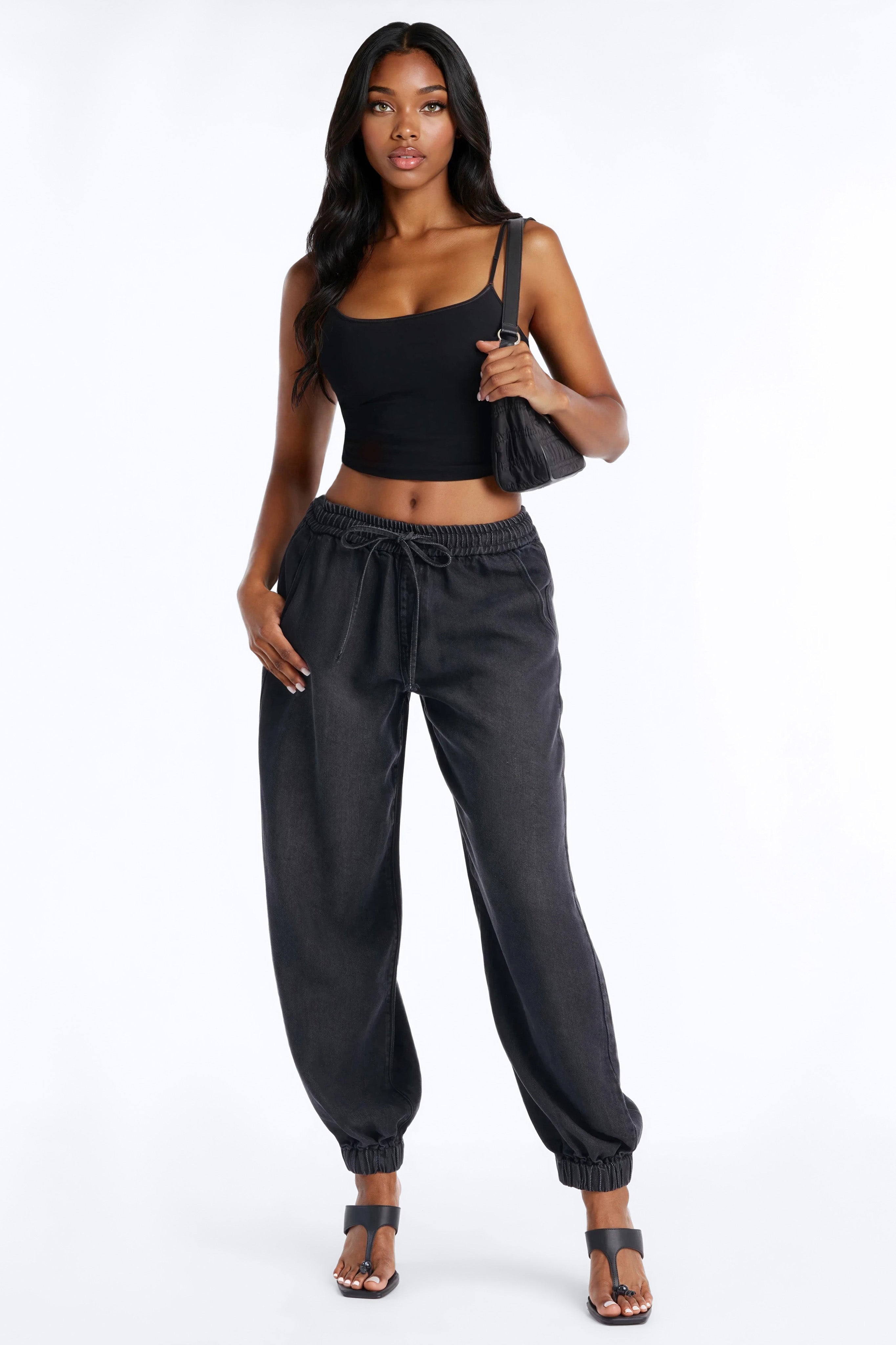 Esplanade Tie Waist Loose Drapey Jogger Jeans - Black Wash