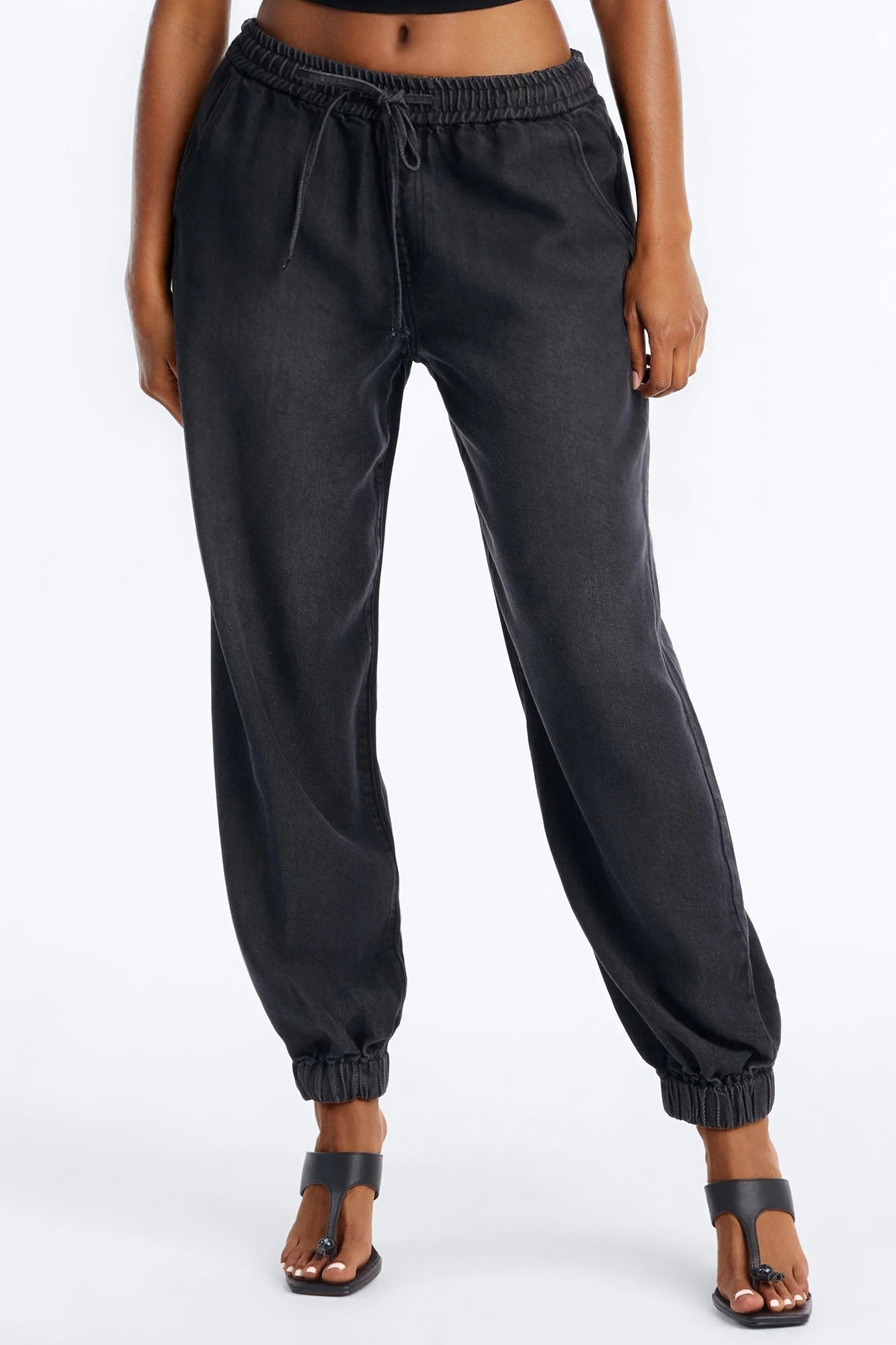 Esplanade Tie Waist Loose Drapey Jogger Jeans - Black Wash