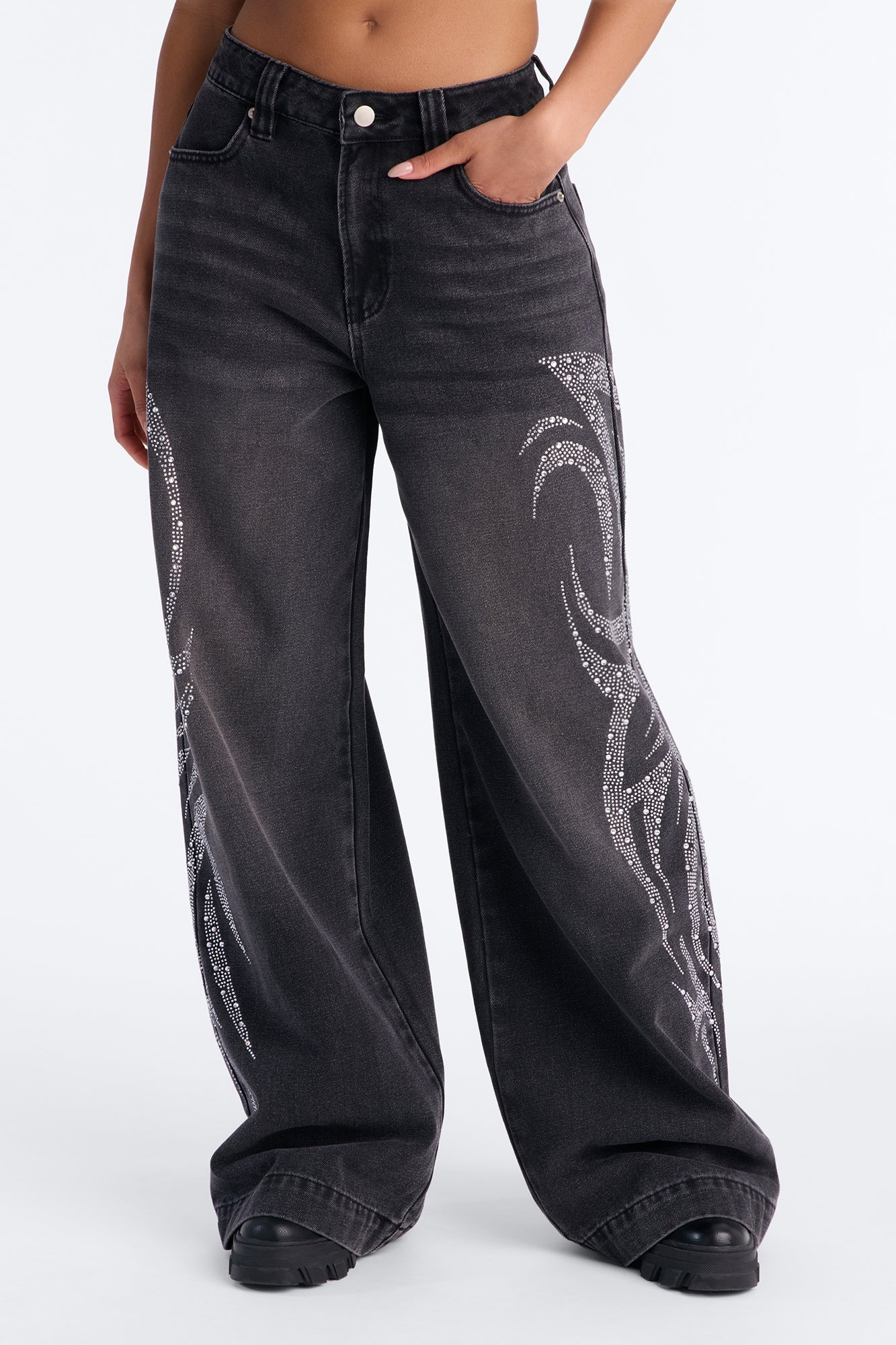 Furiosa Embellished Baggy Wide Leg Jeans - Black Wash