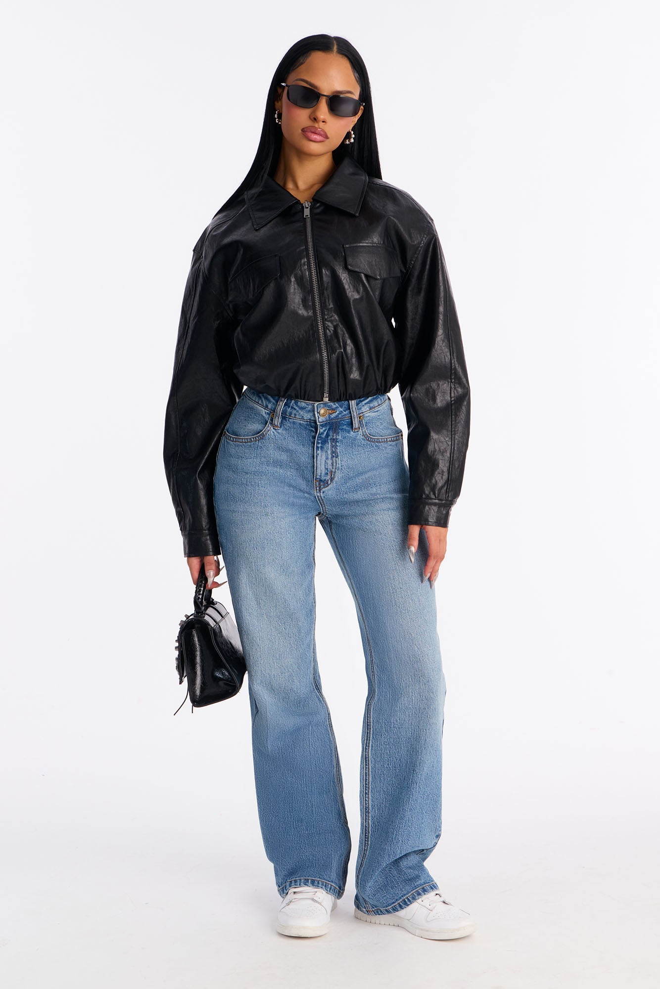 Paz Cropped Faux Leather Bomber Jacket - Black