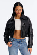 Paz Cropped Faux Leather Bomber Jacket - Black