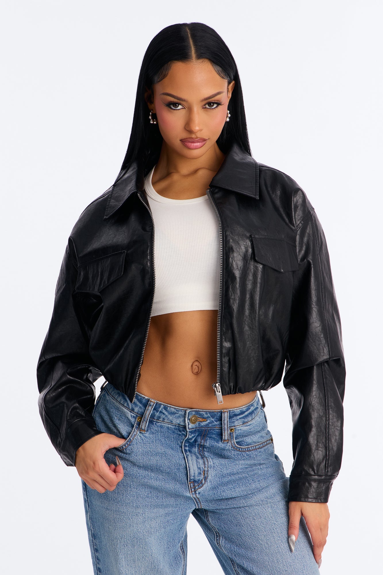 Paz Cropped Faux Leather Bomber Jacket - Black