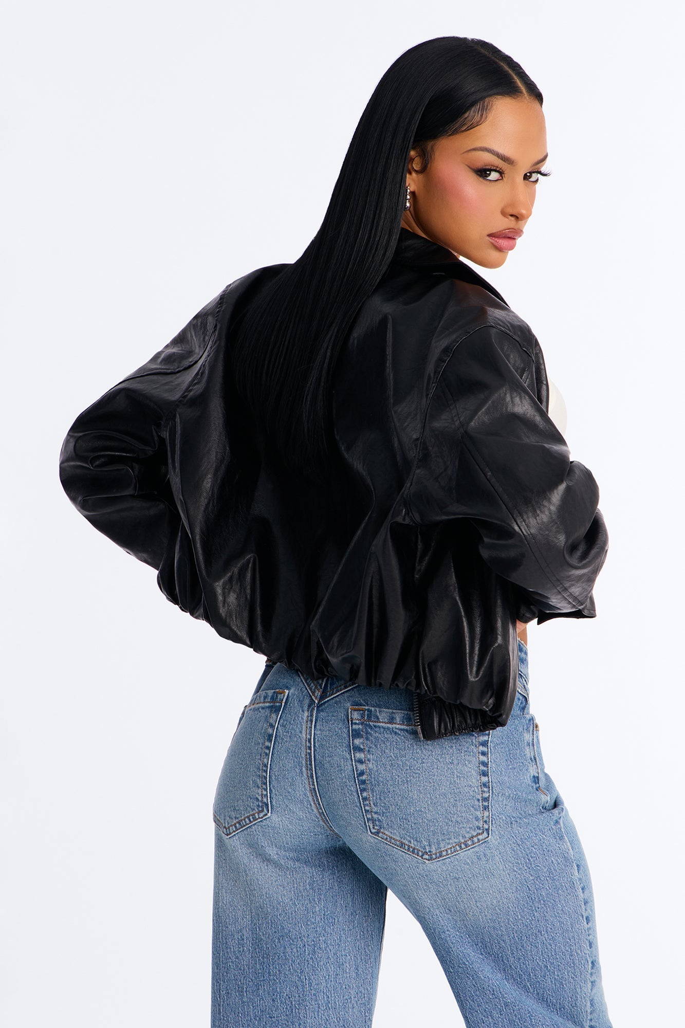 Paz Cropped Faux Leather Bomber Jacket - Black