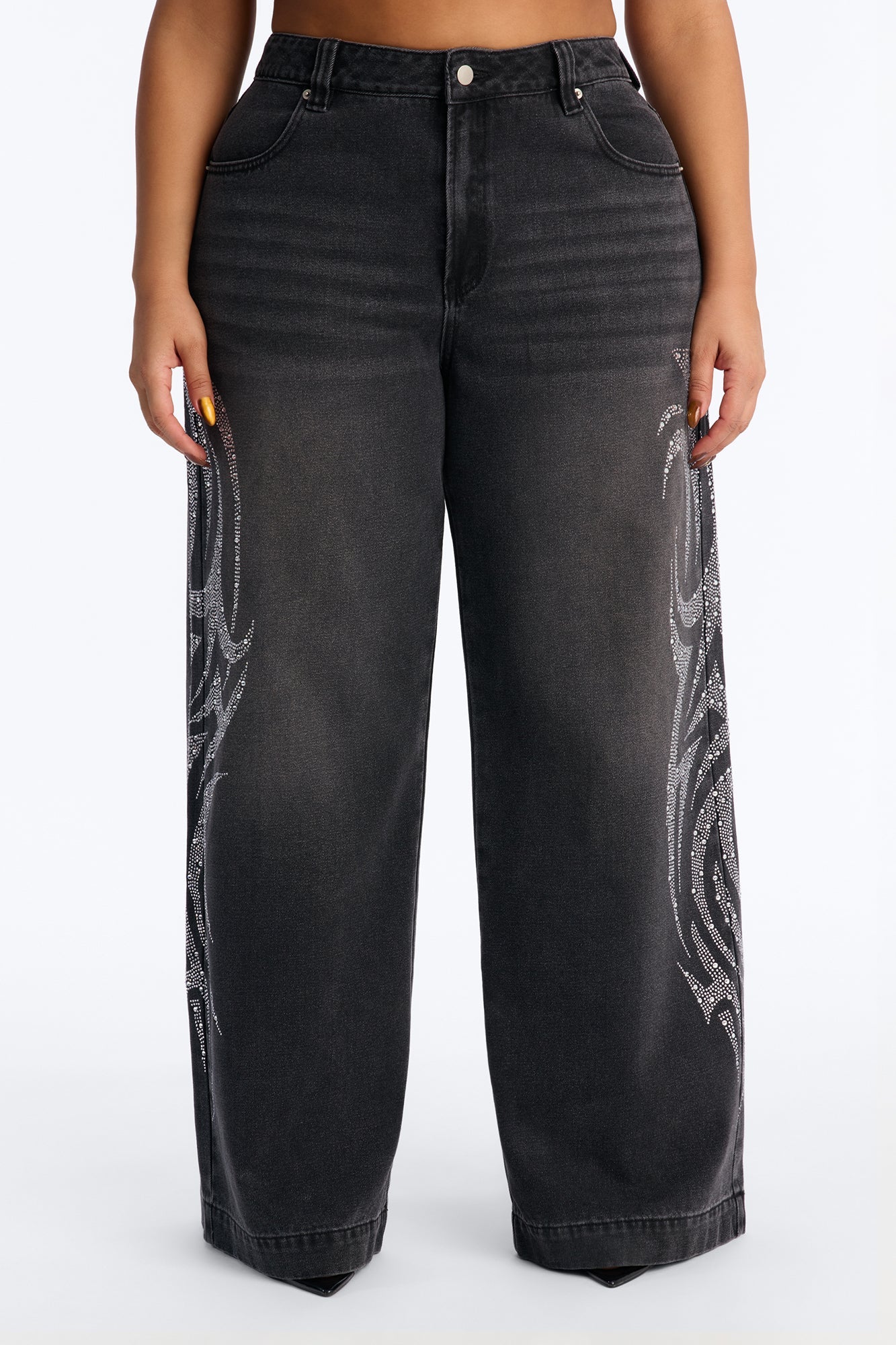 Furiosa Embellished Baggy Wide Leg Jeans - Black Wash