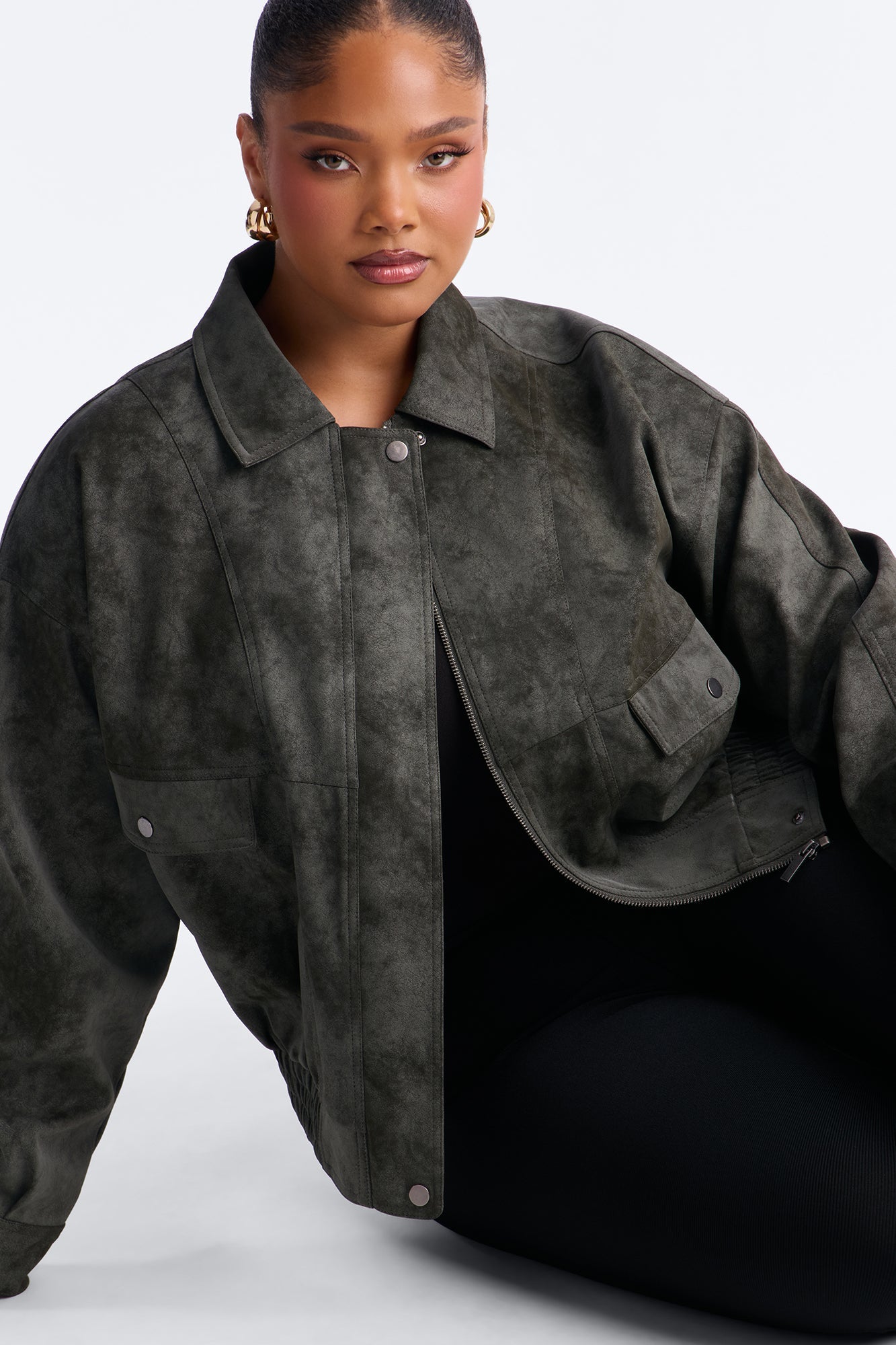 Corey Washed Faux Leather Bomber Jacket - Olive