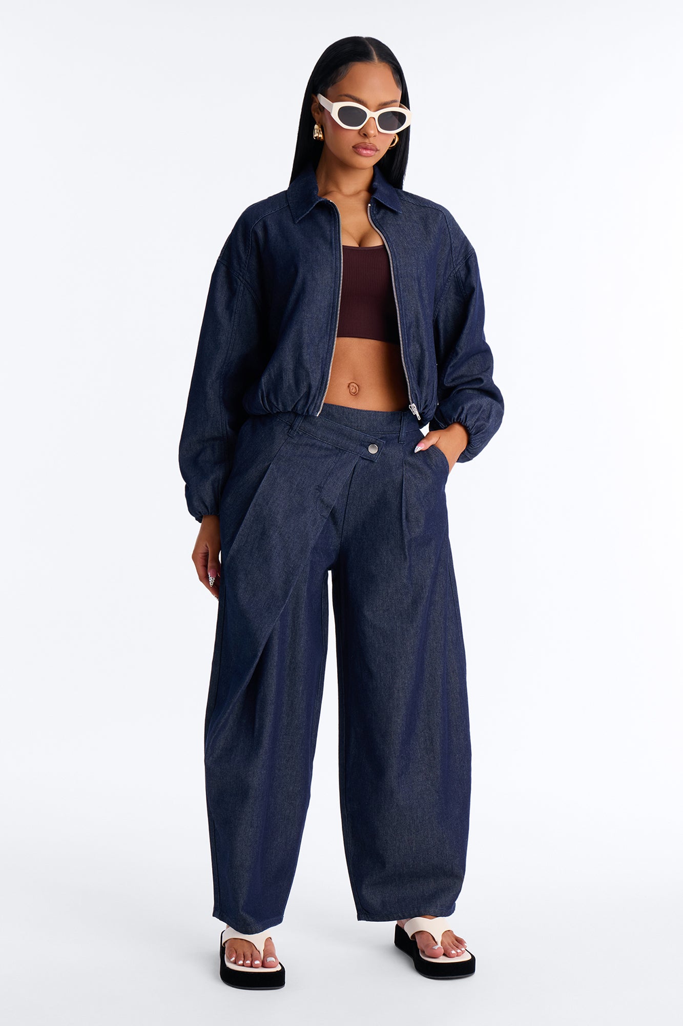 Checking Out Drapey Denim Bomber Jacket - Dark Denim