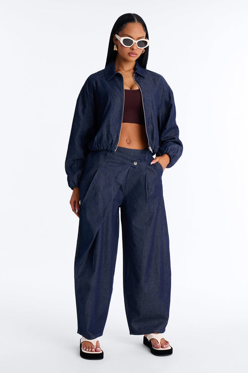 Checking Out Drapey Denim Bomber Jacket - Dark Denim