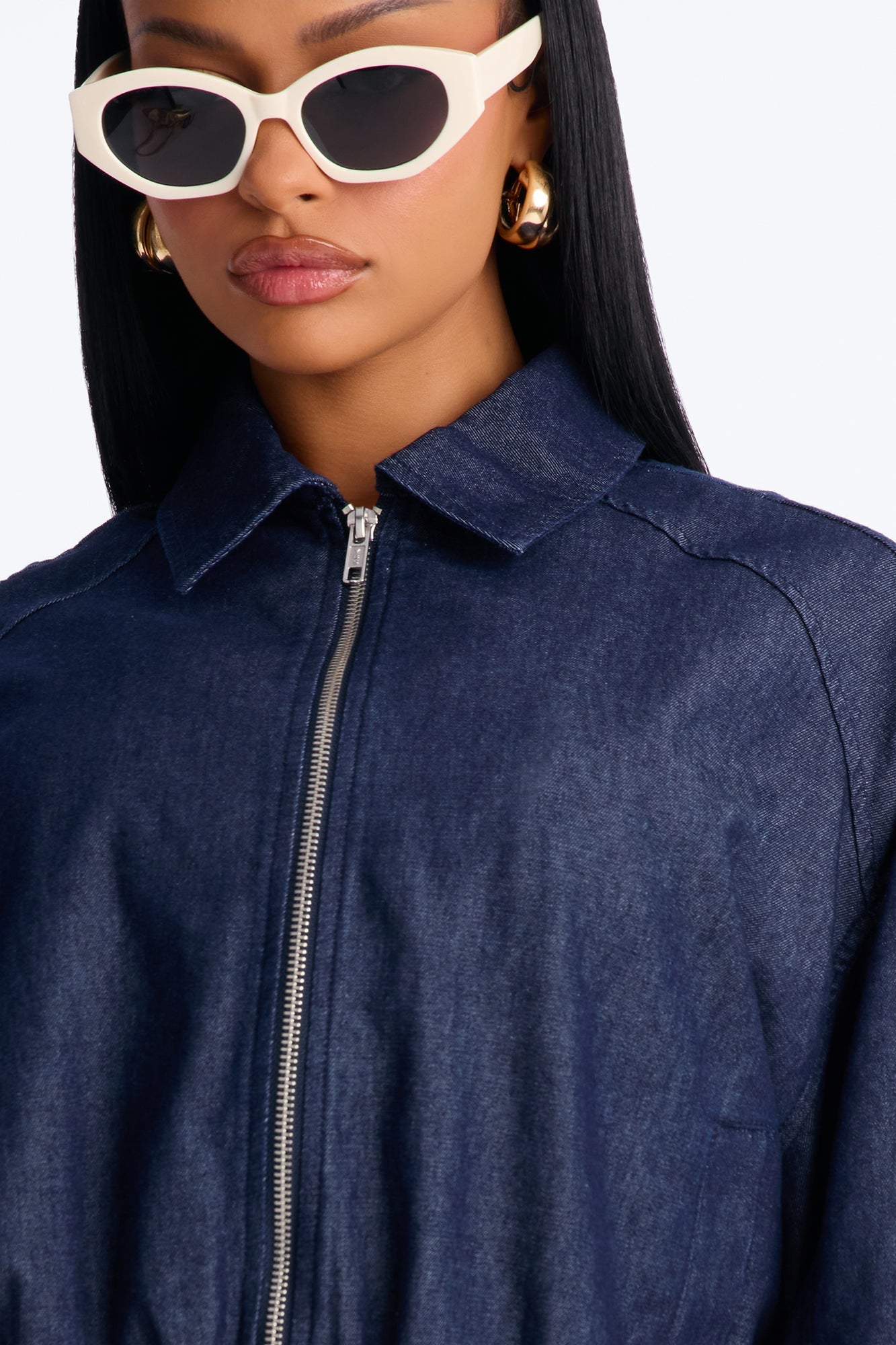 Checking Out Drapey Denim Bomber Jacket - Dark Denim