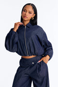 Checking Out Drapey Denim Bomber Jacket - Dark Denim
