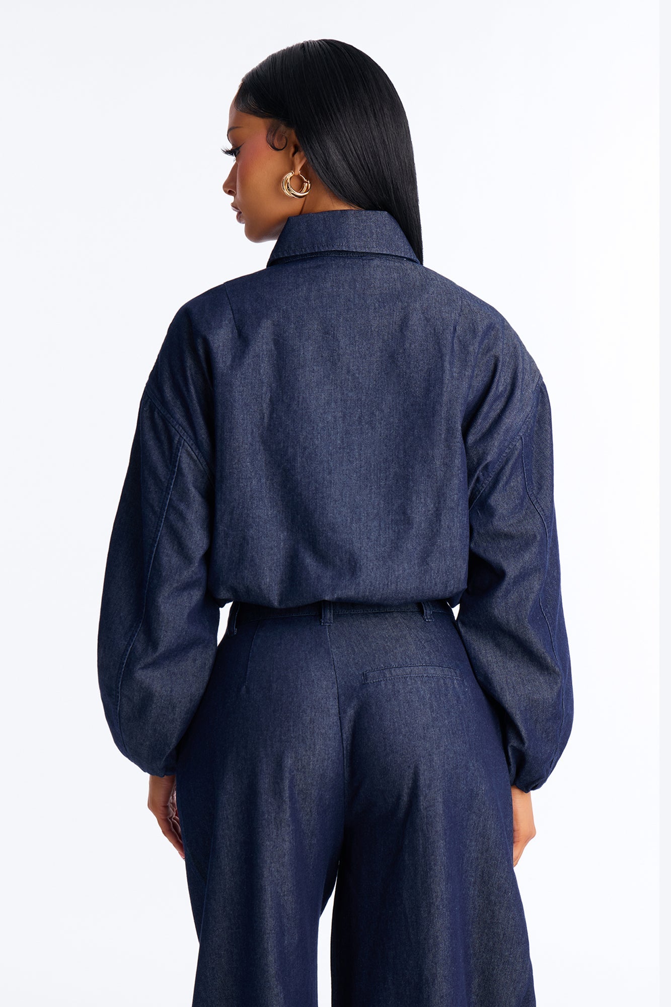 Checking Out Drapey Denim Bomber Jacket - Dark Denim
