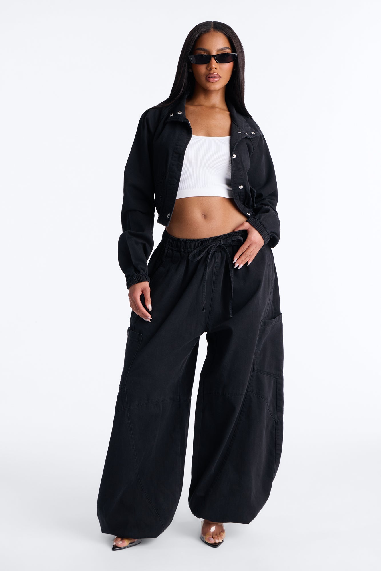 Premium Drapey Moto Denim Bomber Jacket - Black Wash