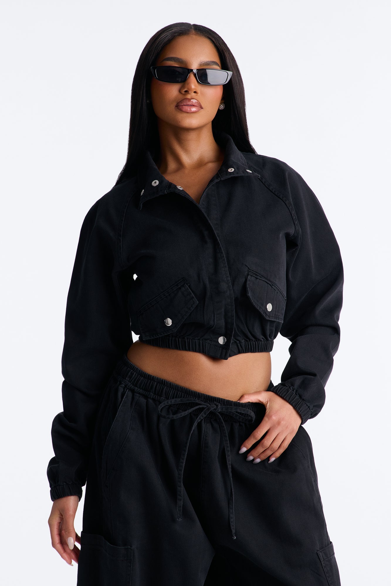 Premium Drapey Moto Denim Bomber Jacket - Black Wash