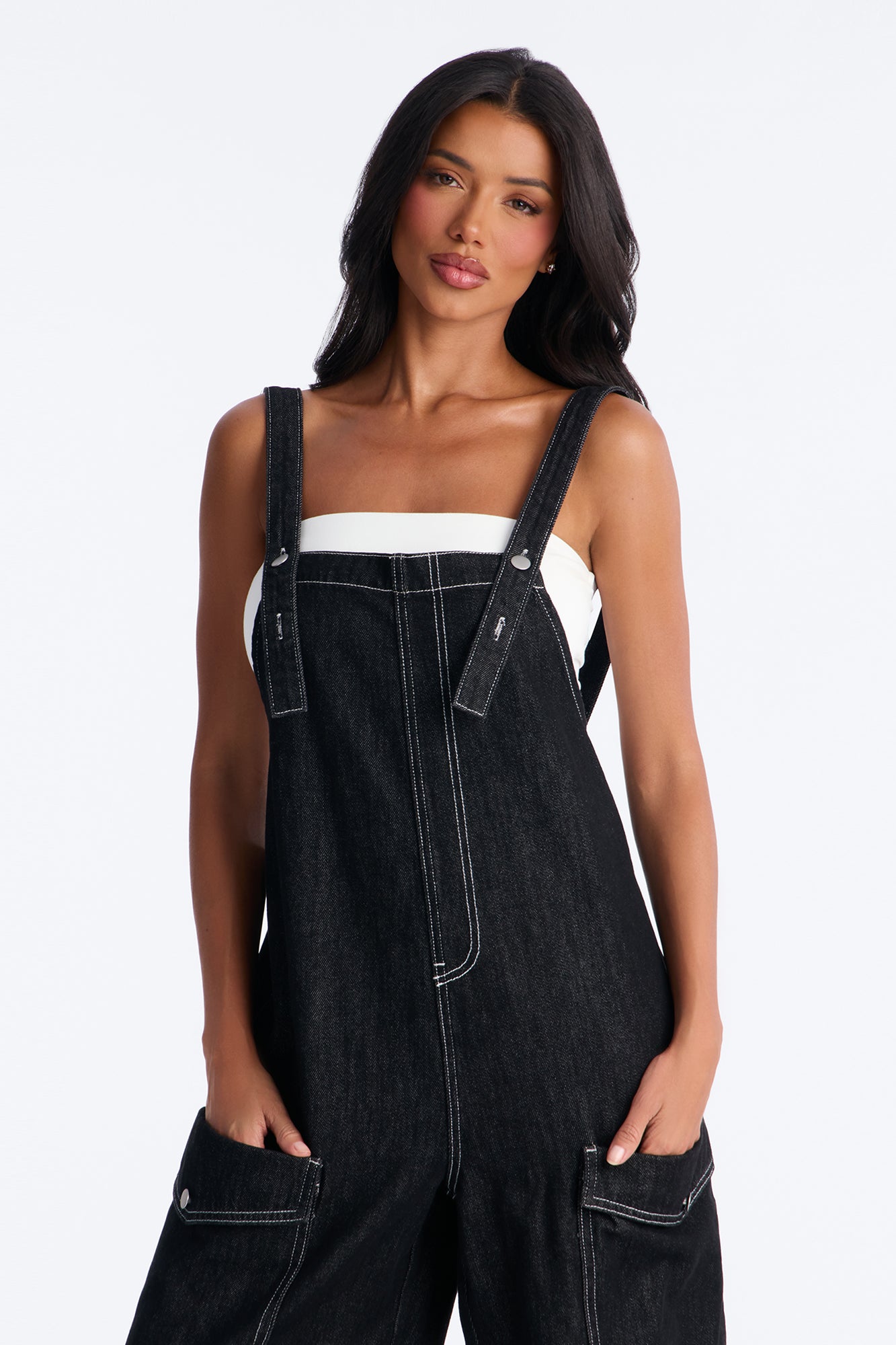 Reel It In Baggy Denim Overalls - Black