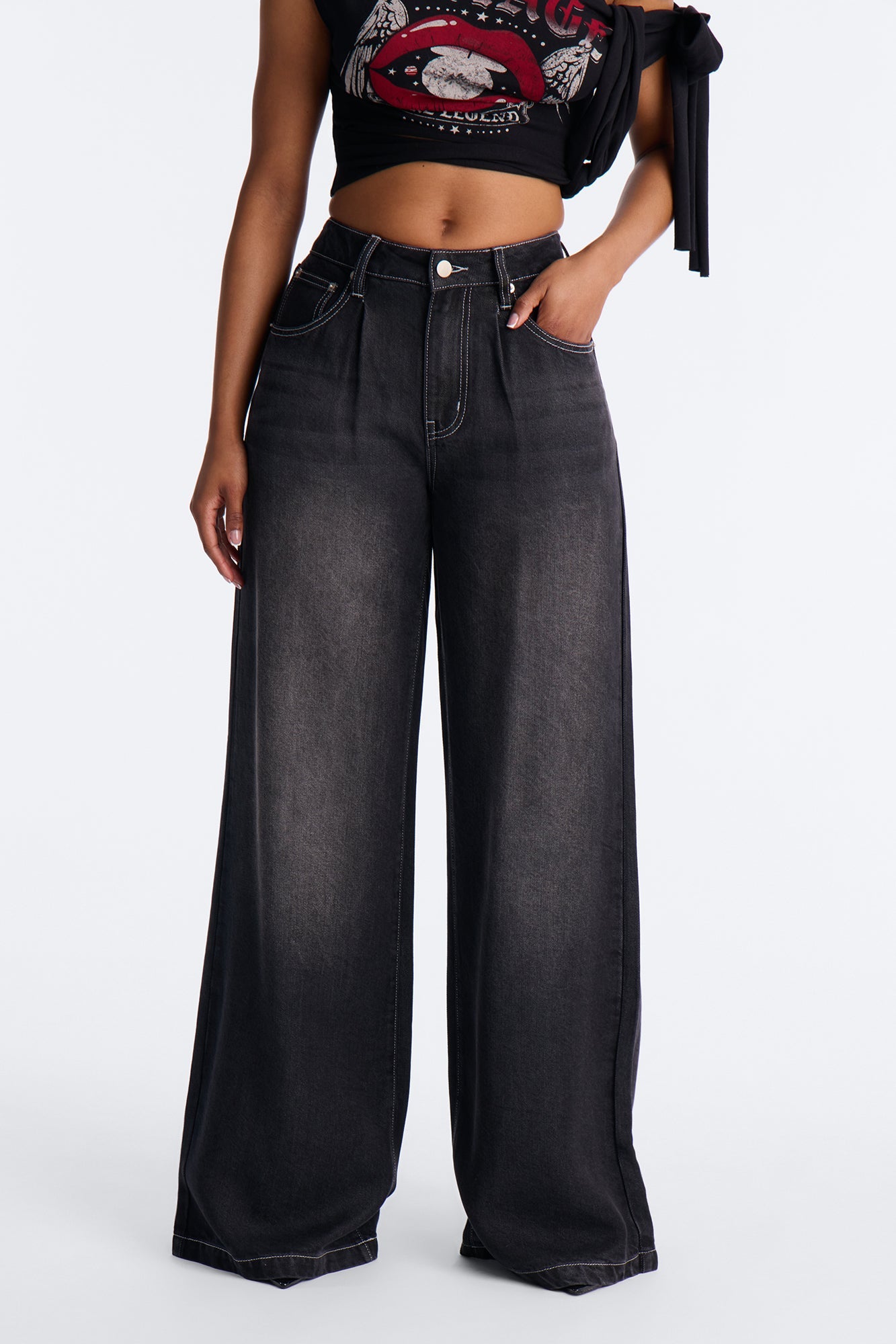 Martinique High Rise Drapey Wide Leg Denim - Black