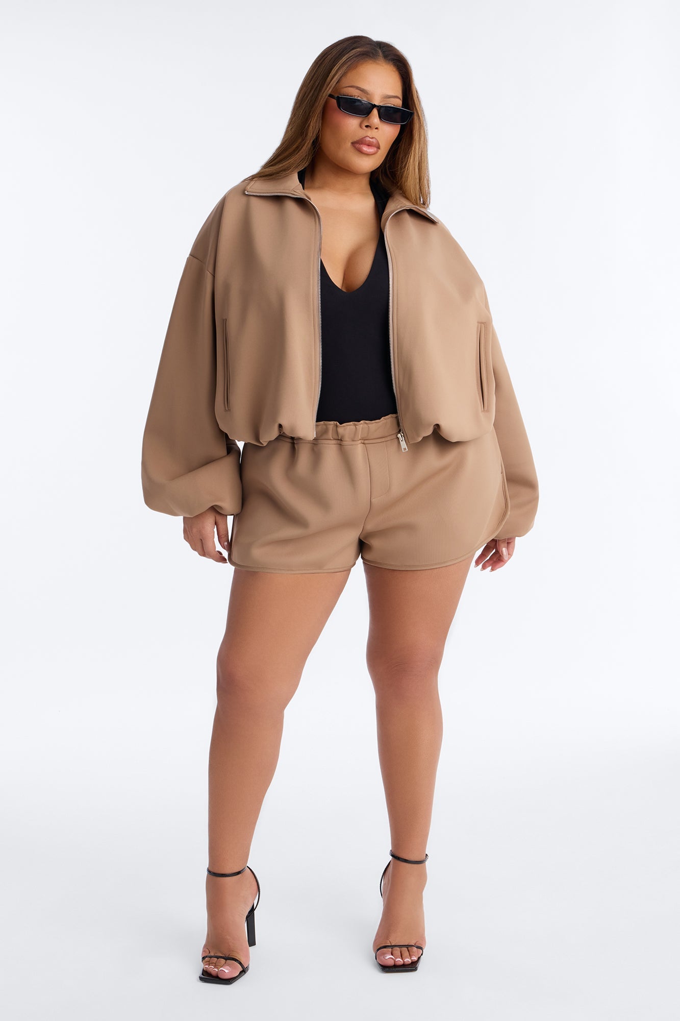 Nayeli Scuba Bubble Hem Bomber Jacket - Khaki
