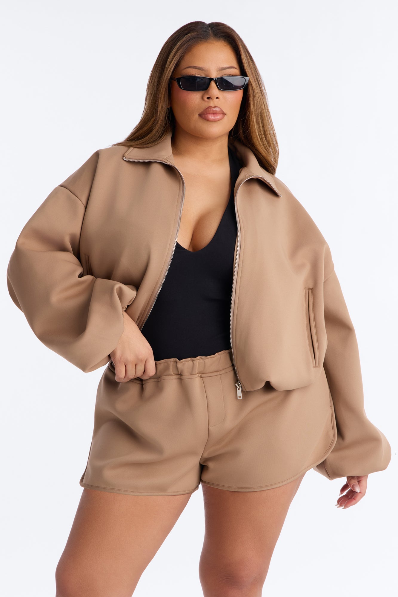 Nayeli Scuba Bubble Hem Bomber Jacket - Khaki