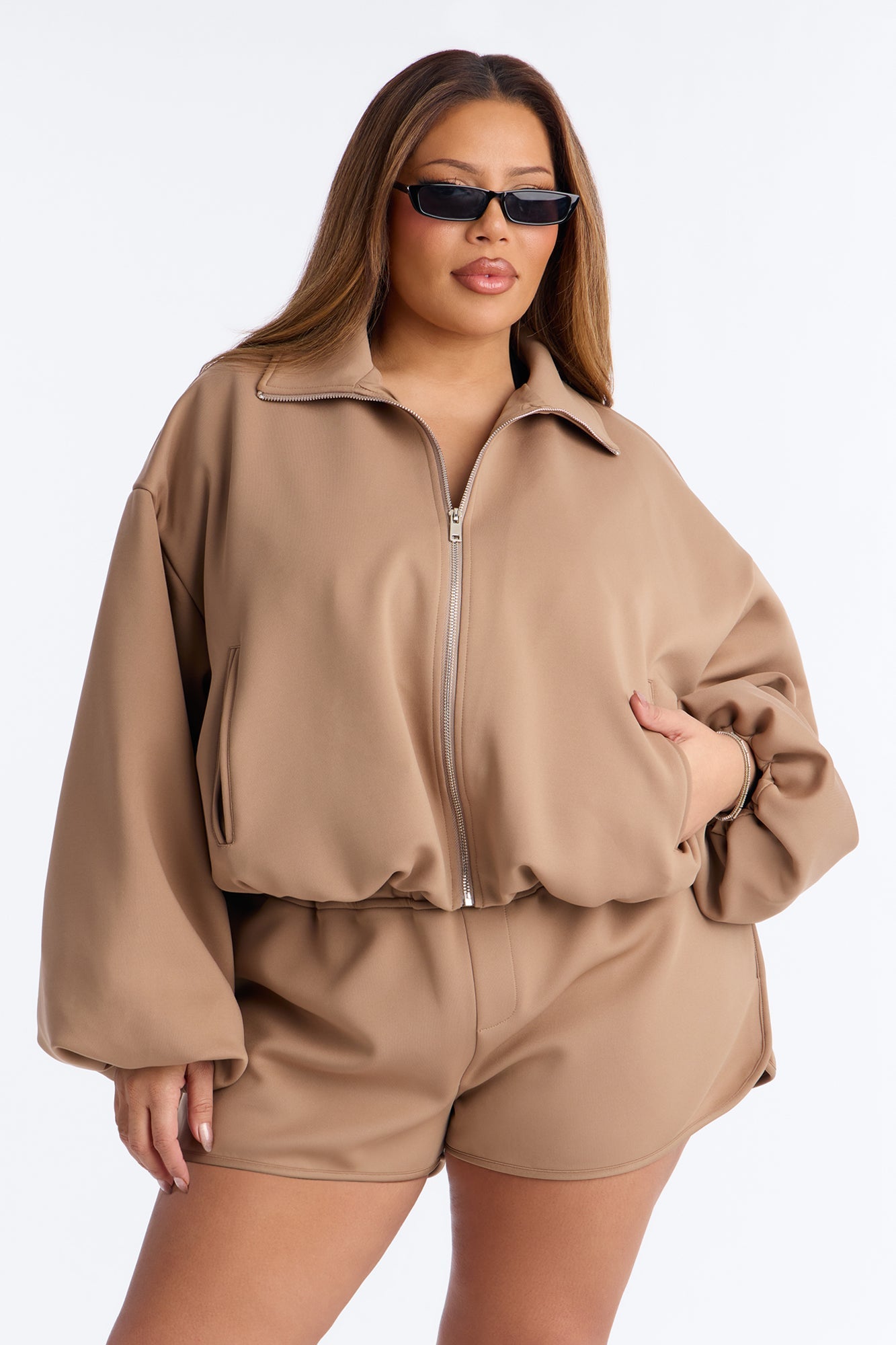 Nayeli Scuba Bubble Hem Bomber Jacket - Khaki