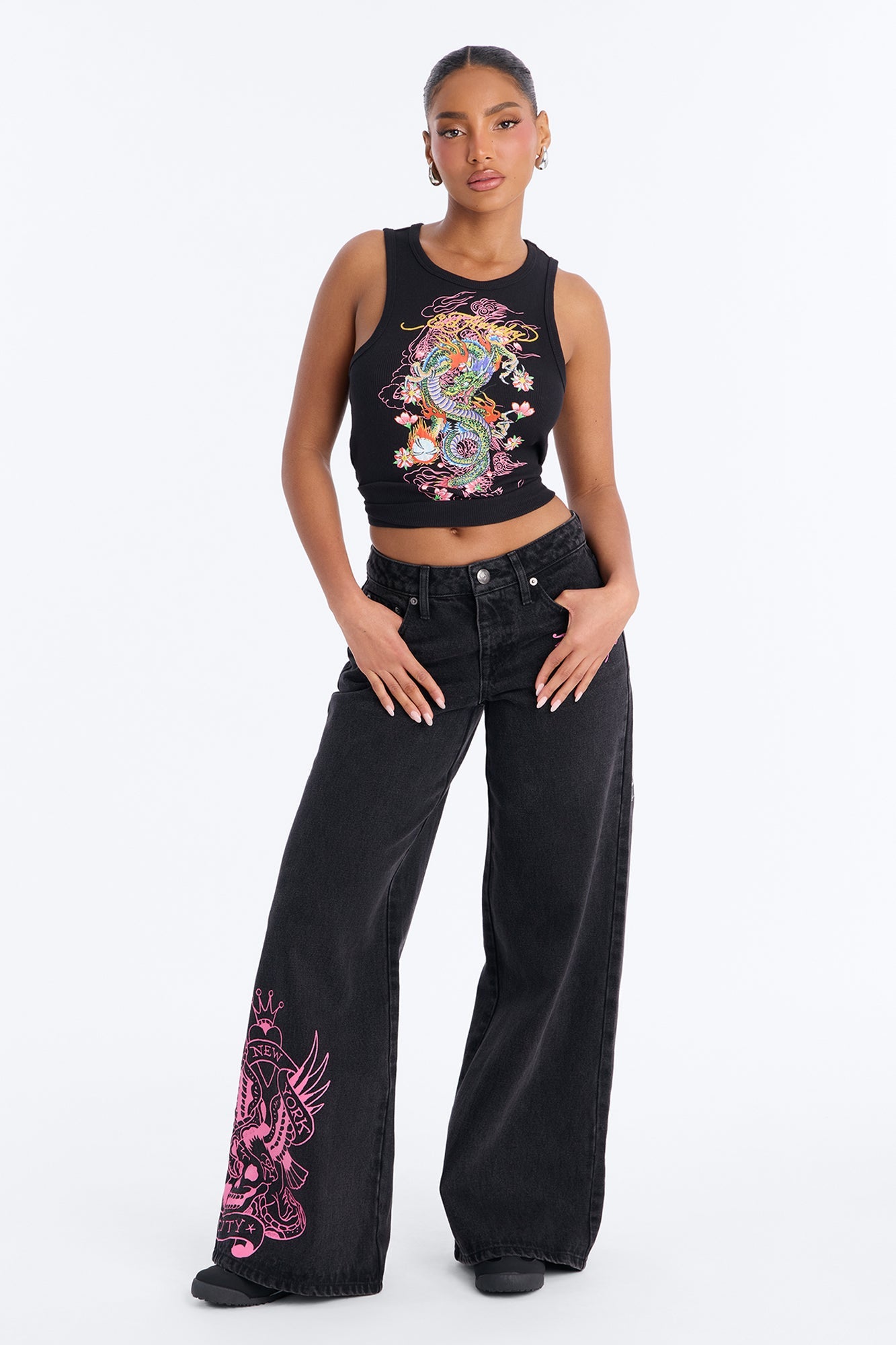 Ed Hardy Skull Flower Wide Leg Jeans - Black