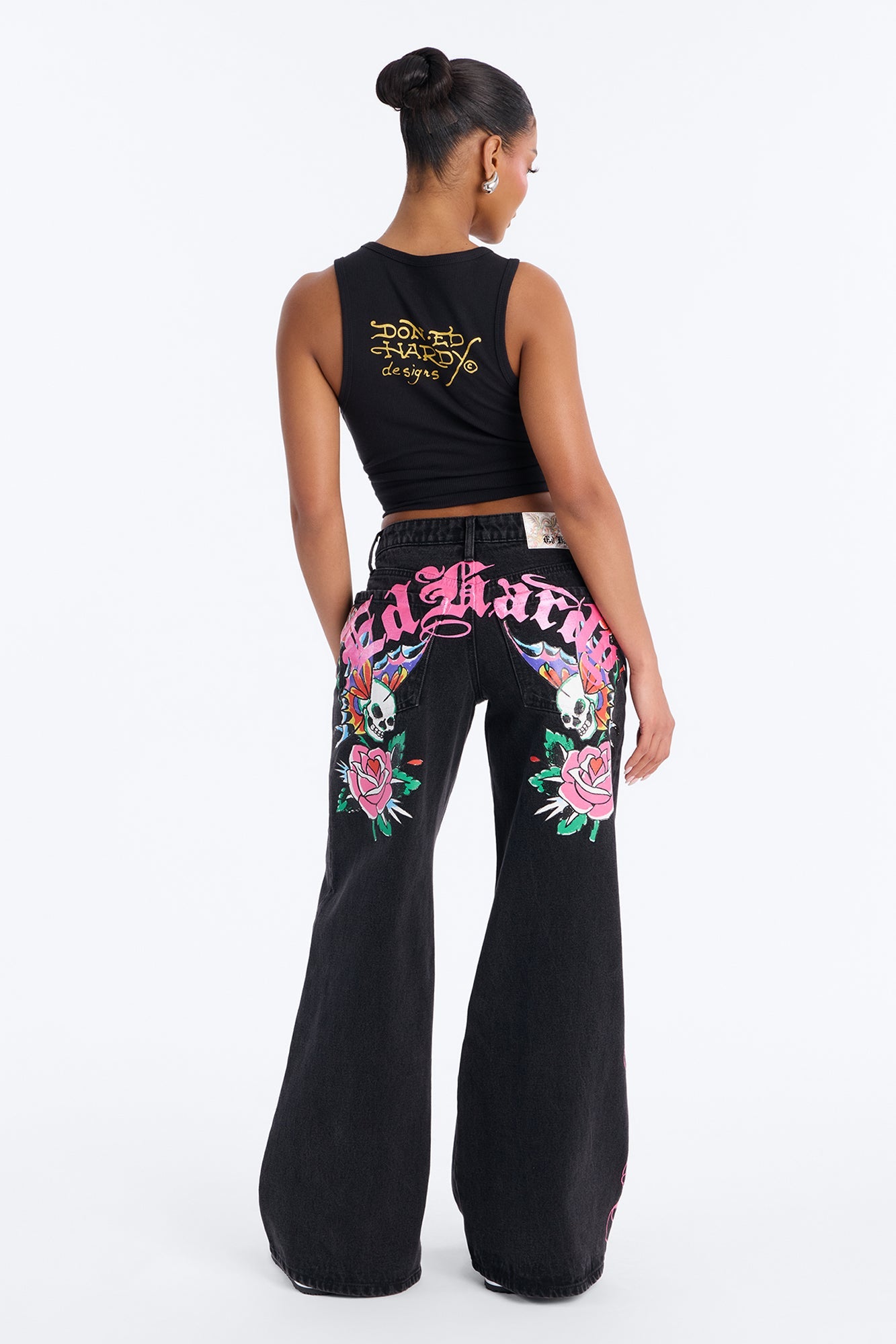 Ed Hardy Skull Flower Wide Leg Jeans - Black