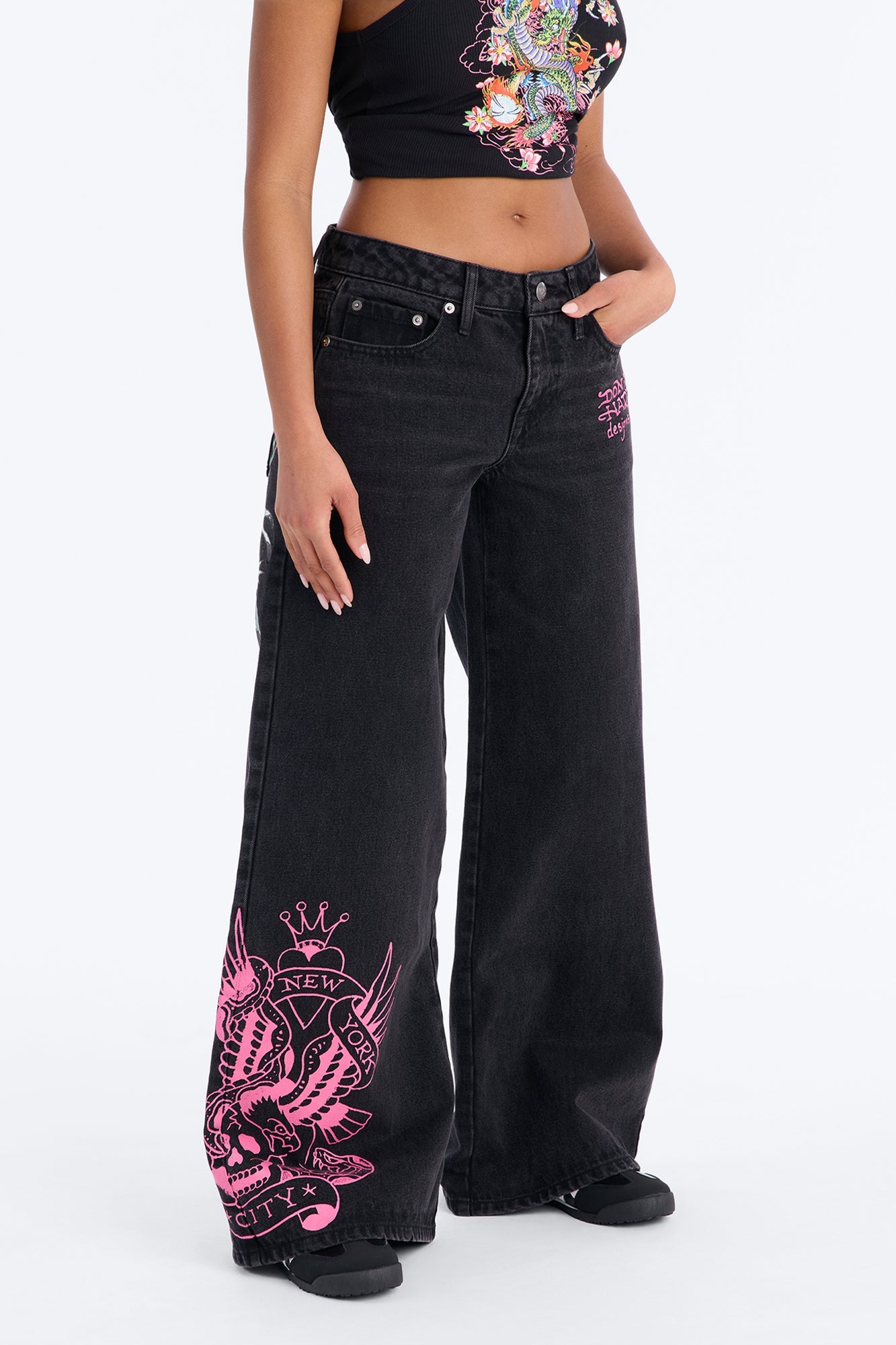 Ed Hardy Skull Flower Wide Leg Jeans - Black